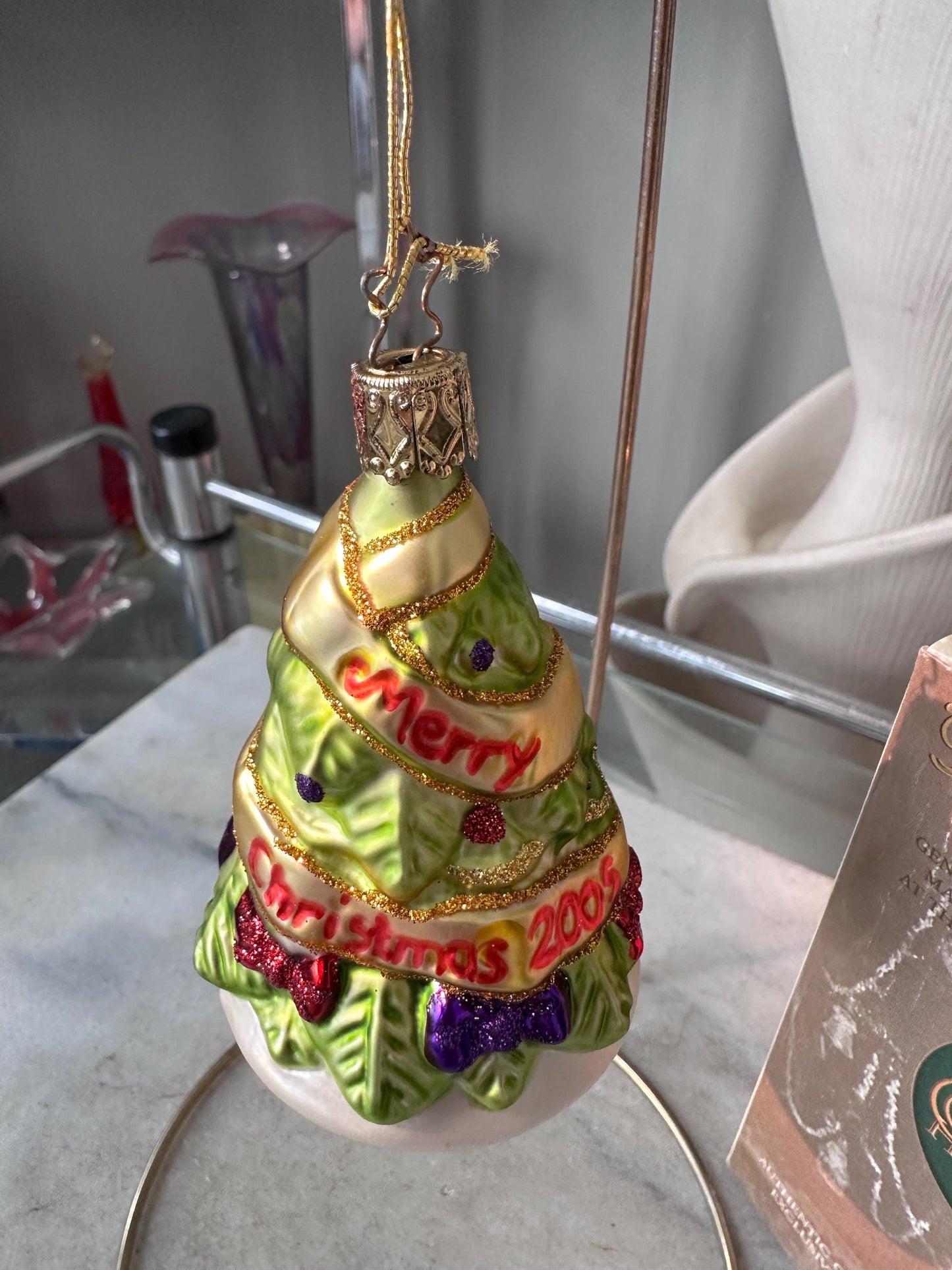Inge-Glas 2005 Merry Christmas Tree Bell Ornament | Hand-Blown German Glass w/ Clapper | Original Tag & Box | Holiday Collectible