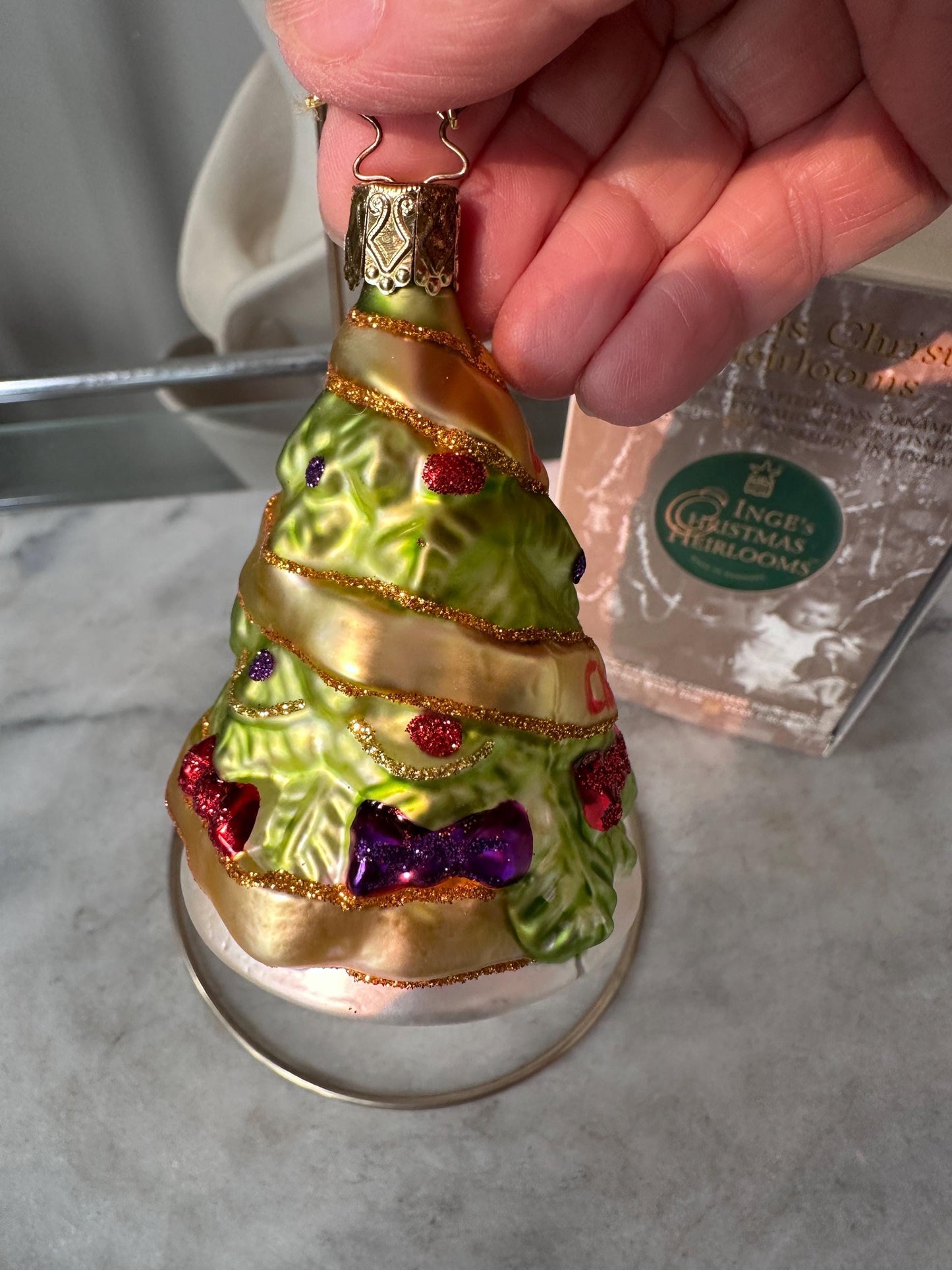 Inge-Glas 2005 Merry Christmas Tree Bell Ornament | Hand-Blown German Glass w/ Clapper | Original Tag & Box | Holiday Collectible