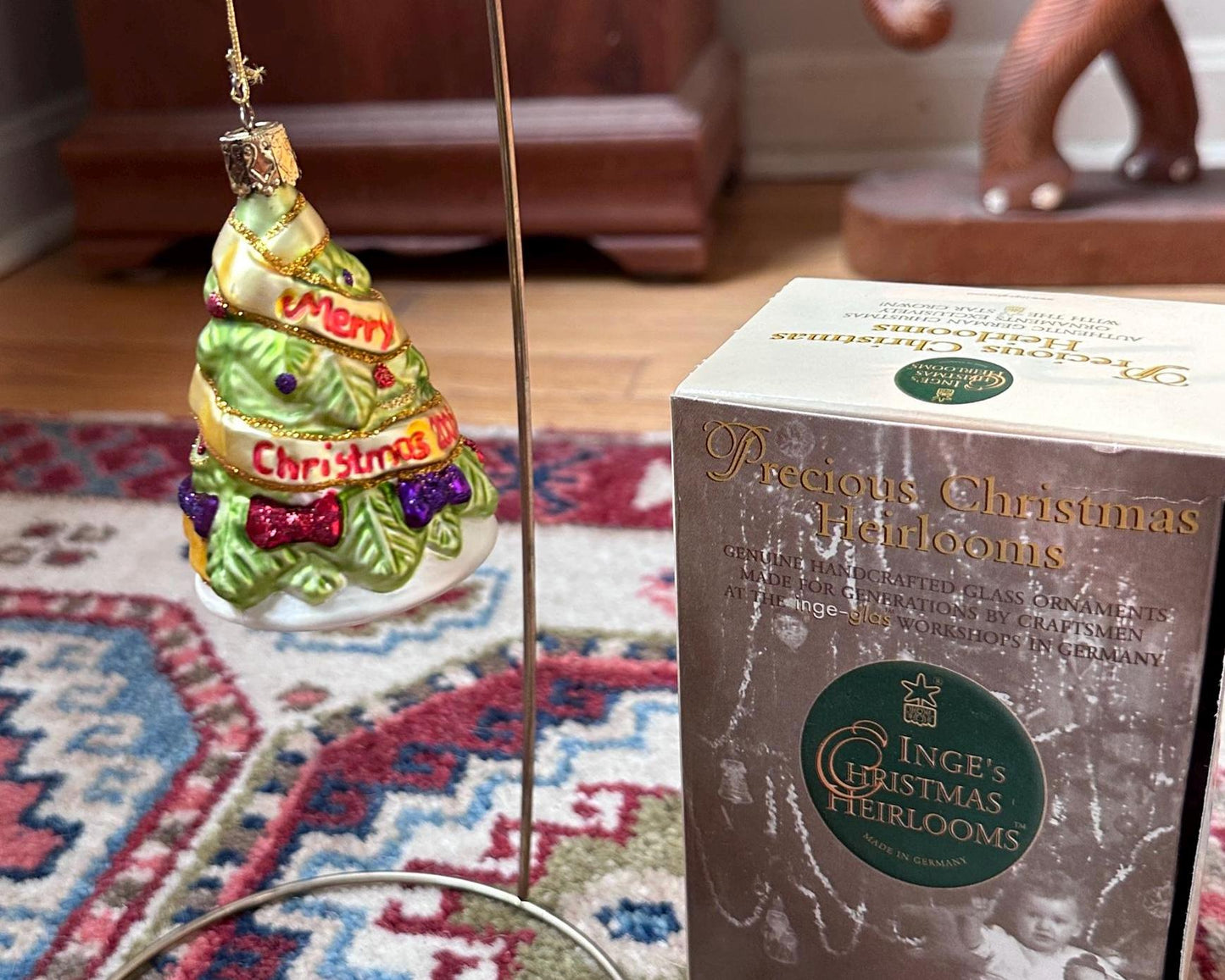 Inge-Glas 2005 Merry Christmas Tree Bell Ornament | Hand-Blown German Glass w/ Clapper | Original Tag & Box | Holiday Collectible
