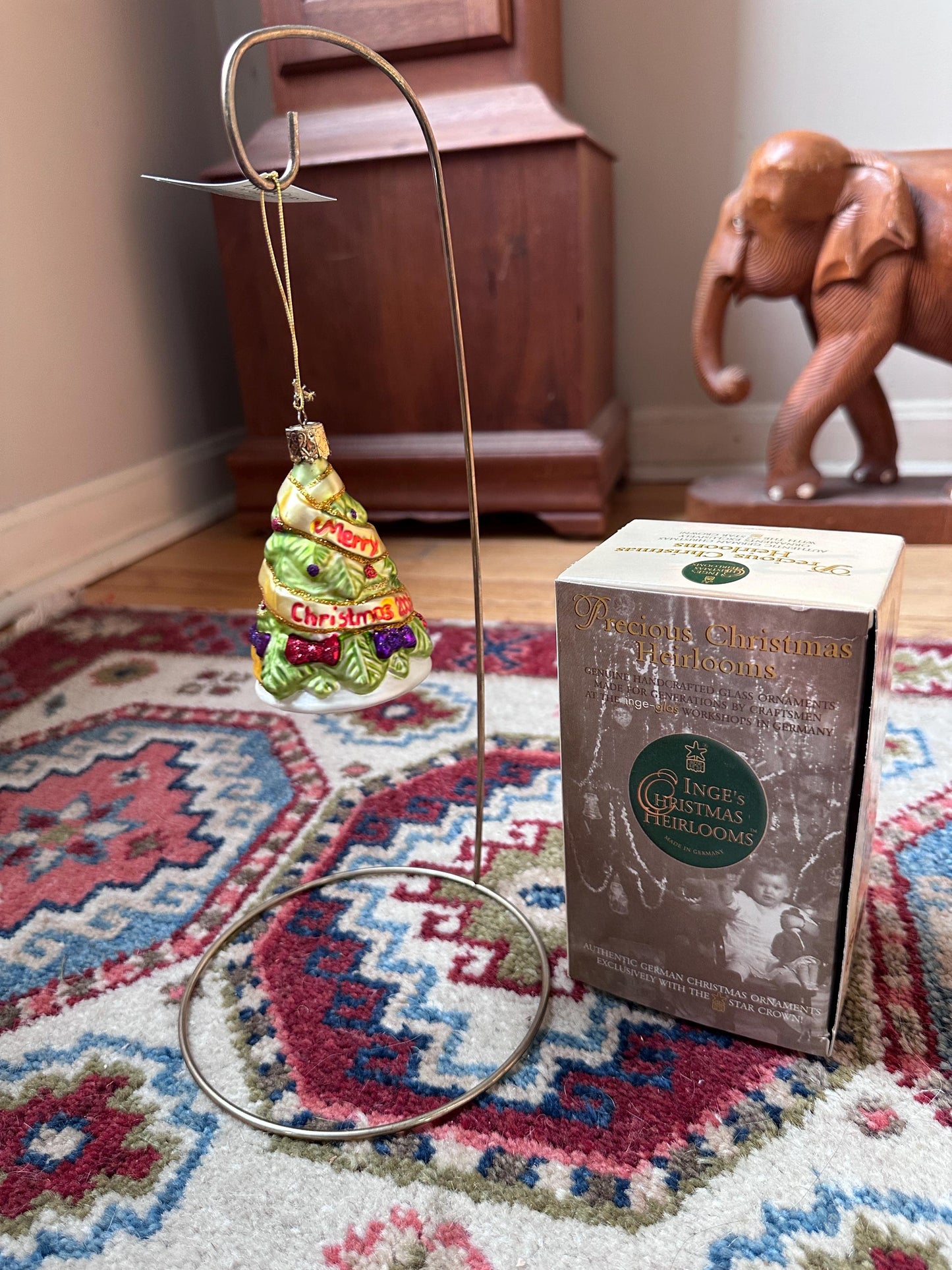 Inge-Glas 2005 Merry Christmas Tree Bell Ornament | Hand-Blown German Glass w/ Clapper | Original Tag & Box | Holiday Collectible