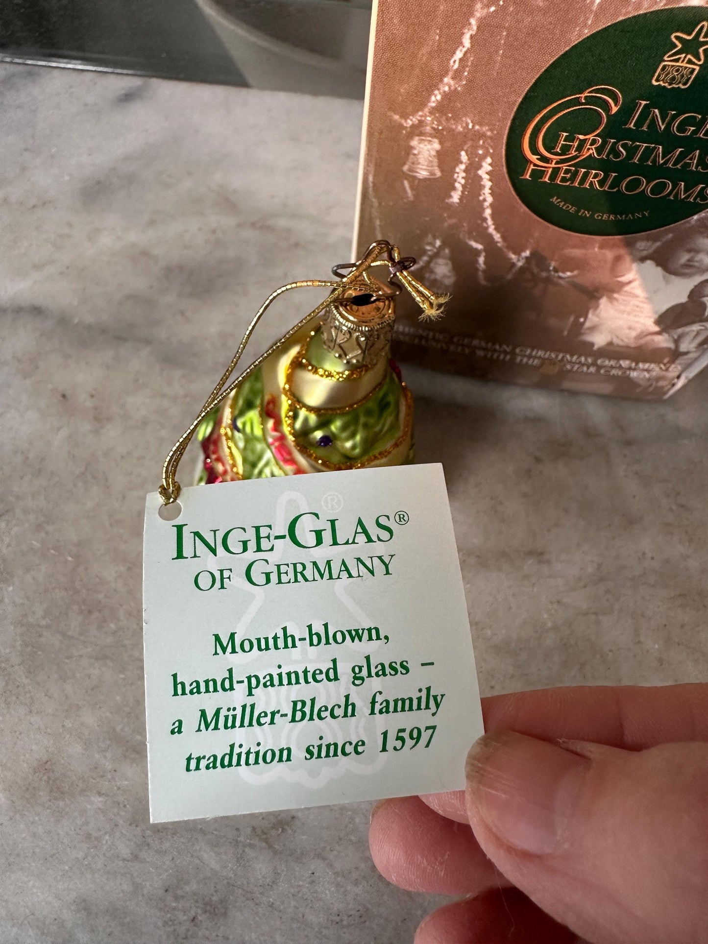 Inge-Glas 2005 Merry Christmas Tree Bell Ornament | Hand-Blown German Glass w/ Clapper | Original Tag & Box | Holiday Collectible