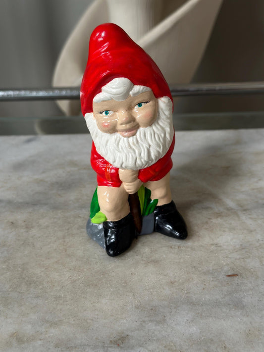 Vintage Hand Painted Ceramic Garden Gnome with Shovel 5” | Whimsical Retro Lawn Decor | Cottage Garden Collectible | Gnome Figurine