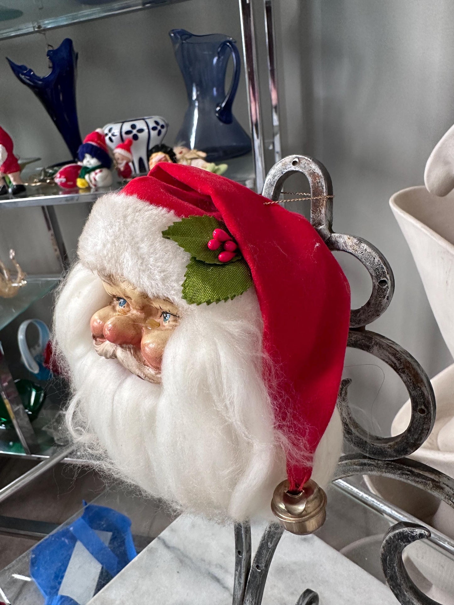 Vintage Santa Claus Head Christmas Ornament 1993 | Foley’s Holiday Collectible | 5” Santa Face Ornament | Jingle Bell Hat | Retro Christmas