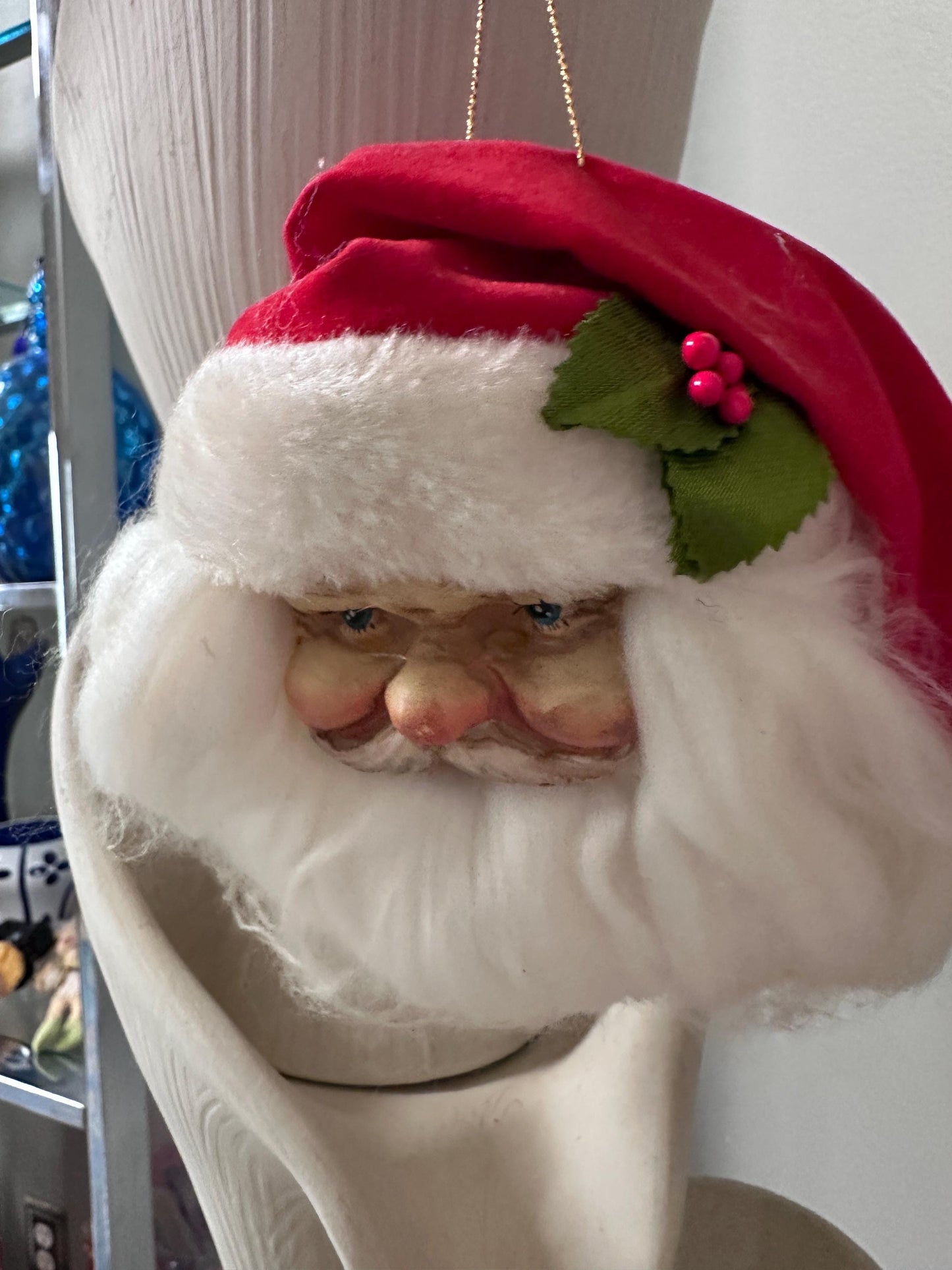 Vintage Santa Claus Head Christmas Ornament 1993 | Foley’s Holiday Collectible | 5” Santa Face Ornament | Jingle Bell Hat | Retro Christmas