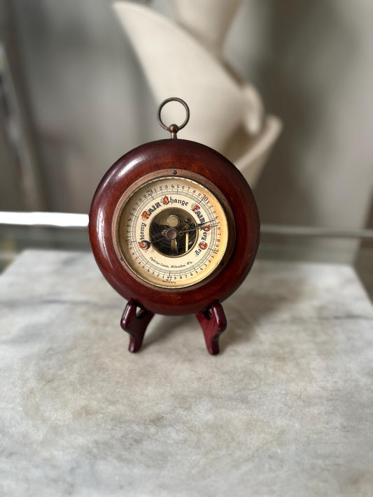 Vintage German Barometer | Mid-Century Wooden & Brass Weather Instrument | Optician Lando Milwaukee | 1950s Scientific / Nautical Decor