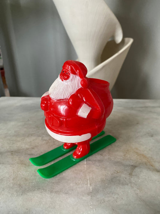 Vintage Mid Century 50’s Hard Plastic Christmas Rosen Robro Santa on Green Skis Candy Holder