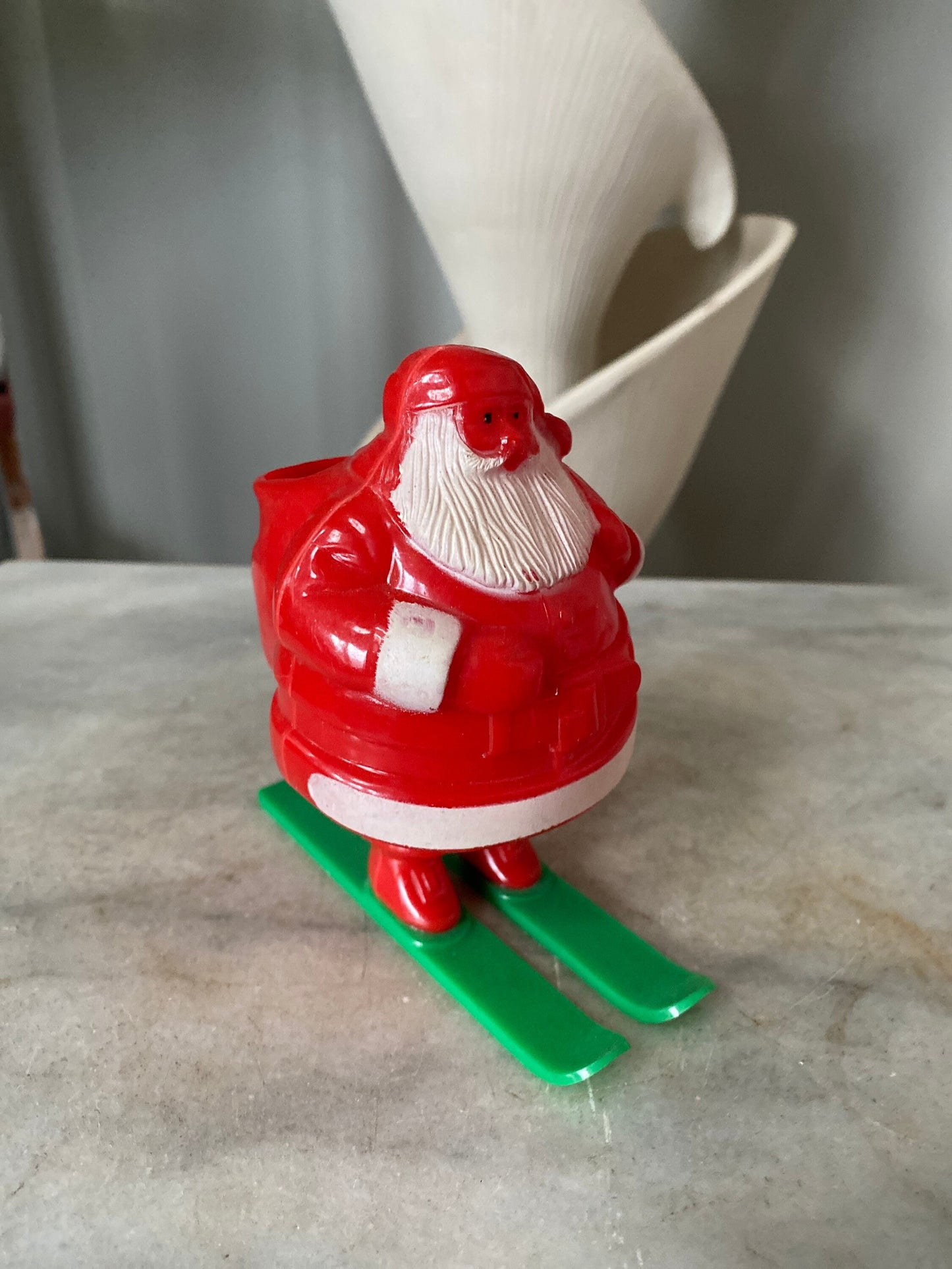 Vintage Mid Century 50’s Hard Plastic Christmas Rosen Robro Santa on Green Skis Candy Holder