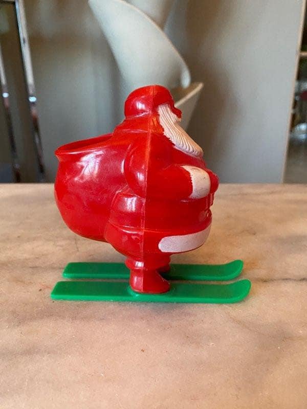 Vintage Mid Century 50’s Hard Plastic Christmas Rosen Robro Santa on Green Skis Candy Holder