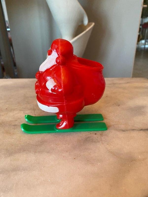Vintage Mid Century 50’s Hard Plastic Christmas Rosen Robro Santa on Green Skis Candy Holder