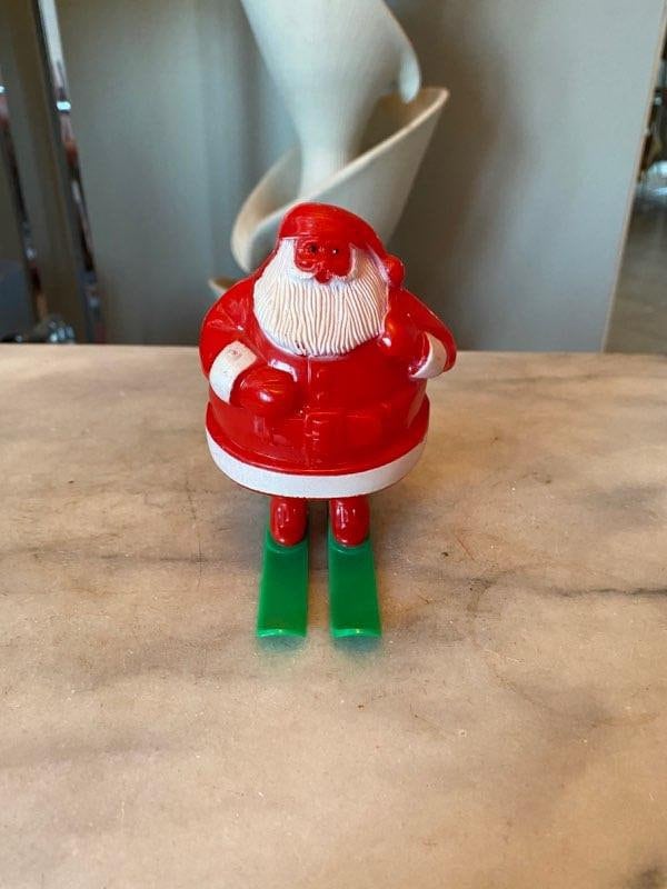 Vintage Mid Century 50’s Hard Plastic Christmas Rosen Robro Santa on Green Skis Candy Holder