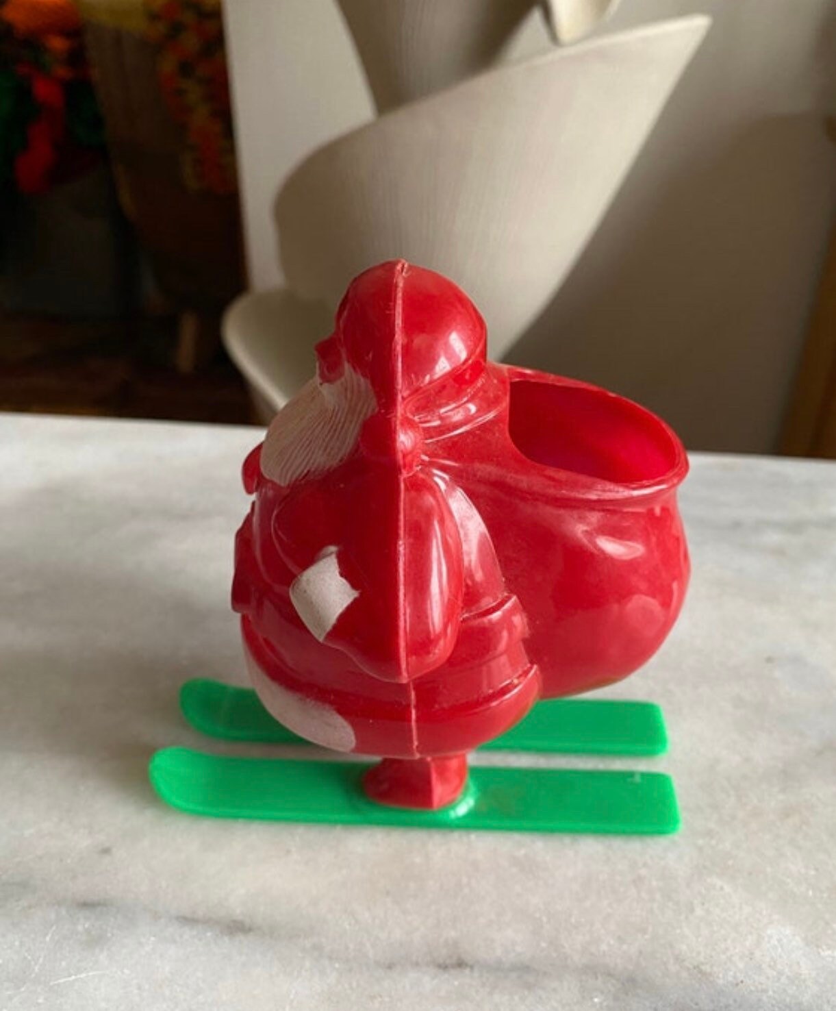 Vintage Mid Century 50’s Hard Plastic Christmas Rosen Robro Santa on Green Skis Candy Holder