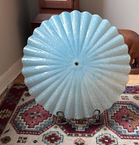 Vintage MCM Murano Style Scalloped Glass Lamp Shade | White w Hints of Blue Opalescent Art Glass | 20”