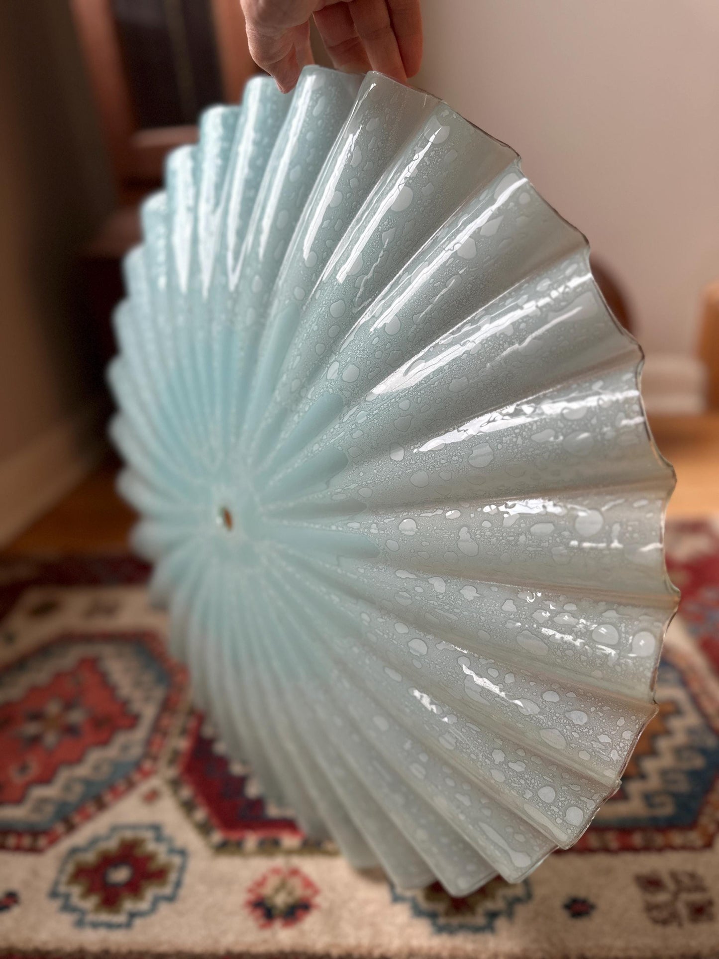 Vintage MCM Murano Style Scalloped Glass Lamp Shade | White w Hints of Blue Opalescent Art Glass | 20”