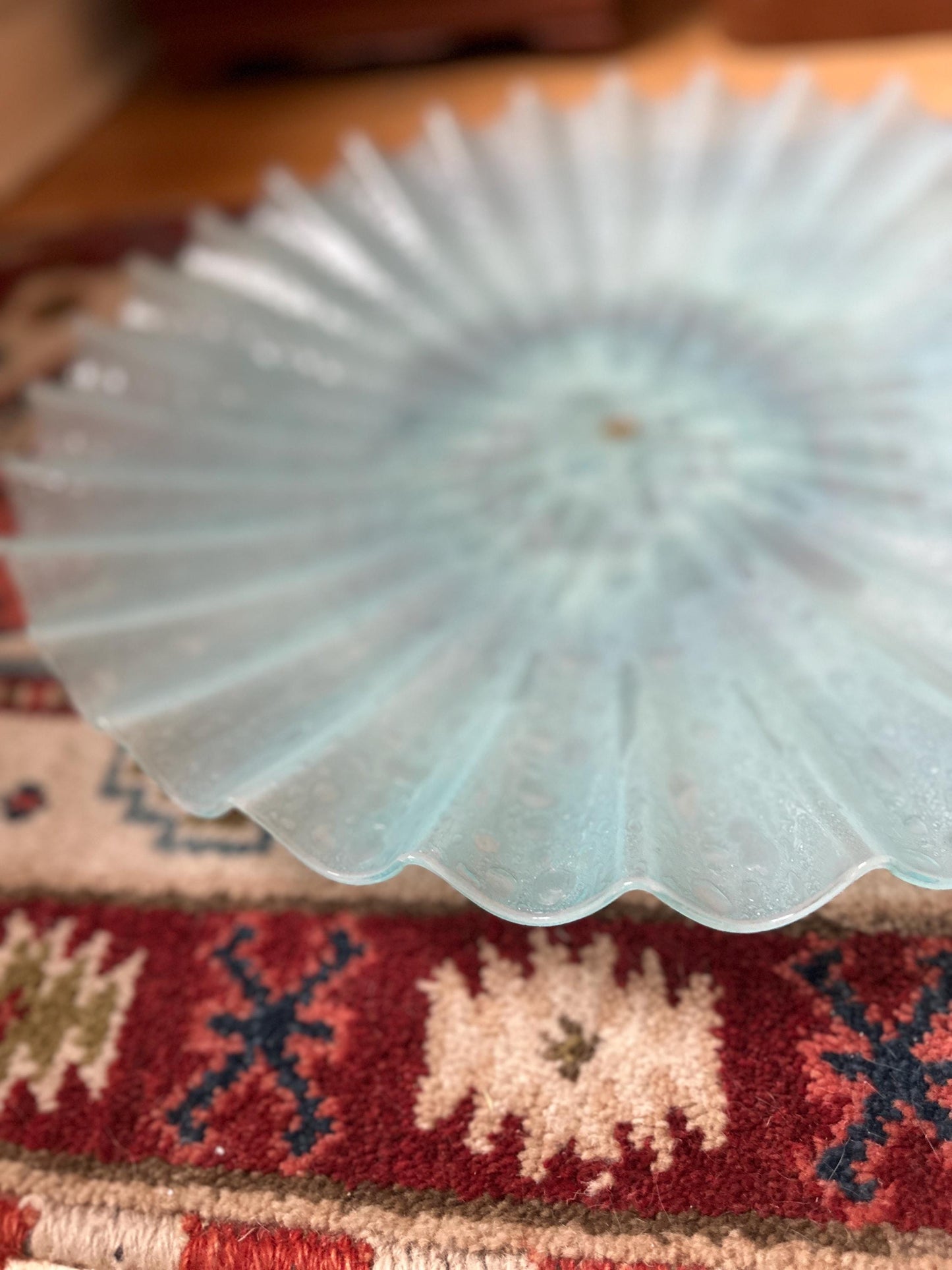 Vintage MCM Murano Style Scalloped Glass Lamp Shade | White w Hints of Blue Opalescent Art Glass | 20”