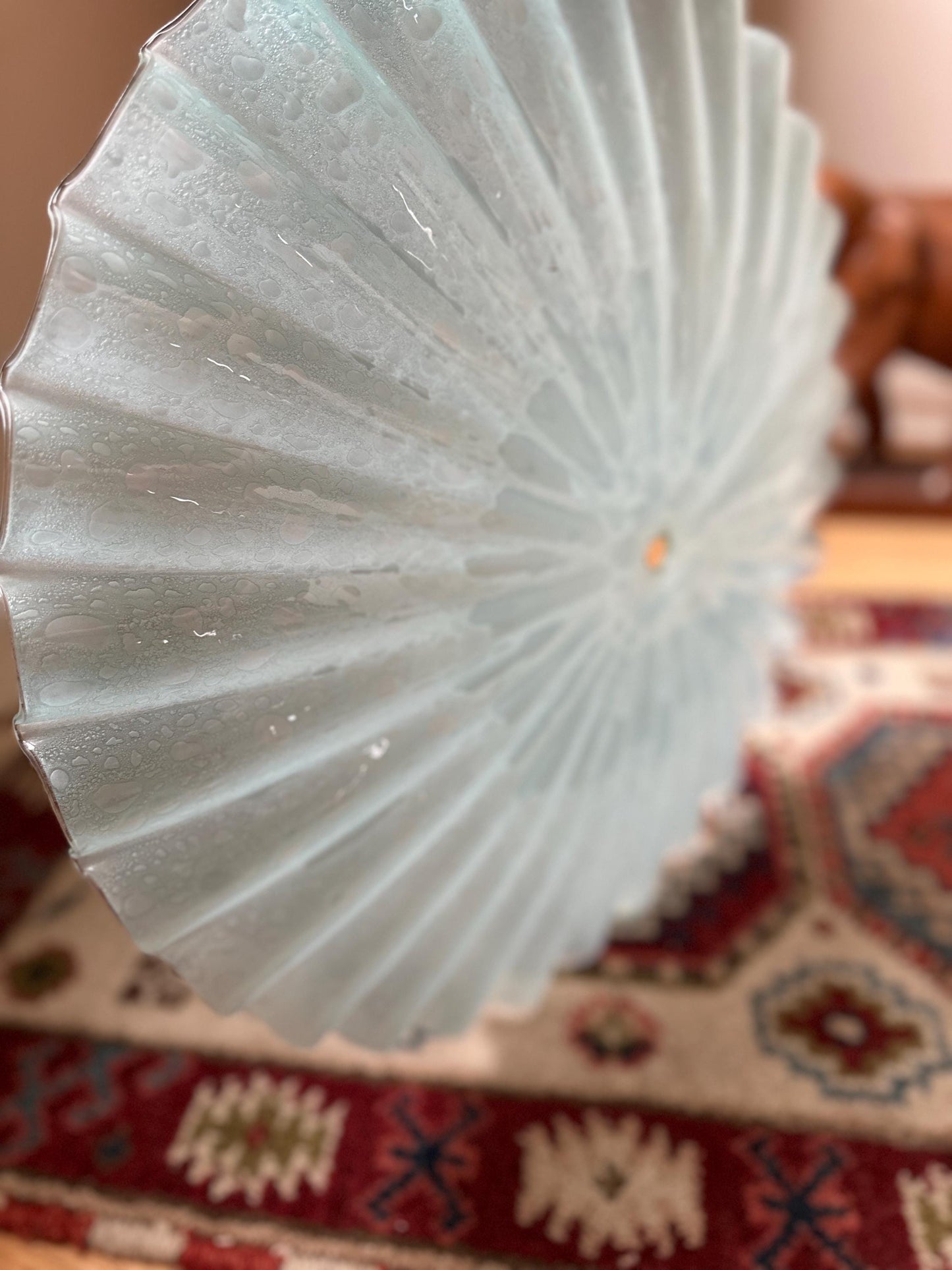 Vintage MCM Murano Style Scalloped Glass Lamp Shade | White w Hints of Blue Opalescent Art Glass | 20”