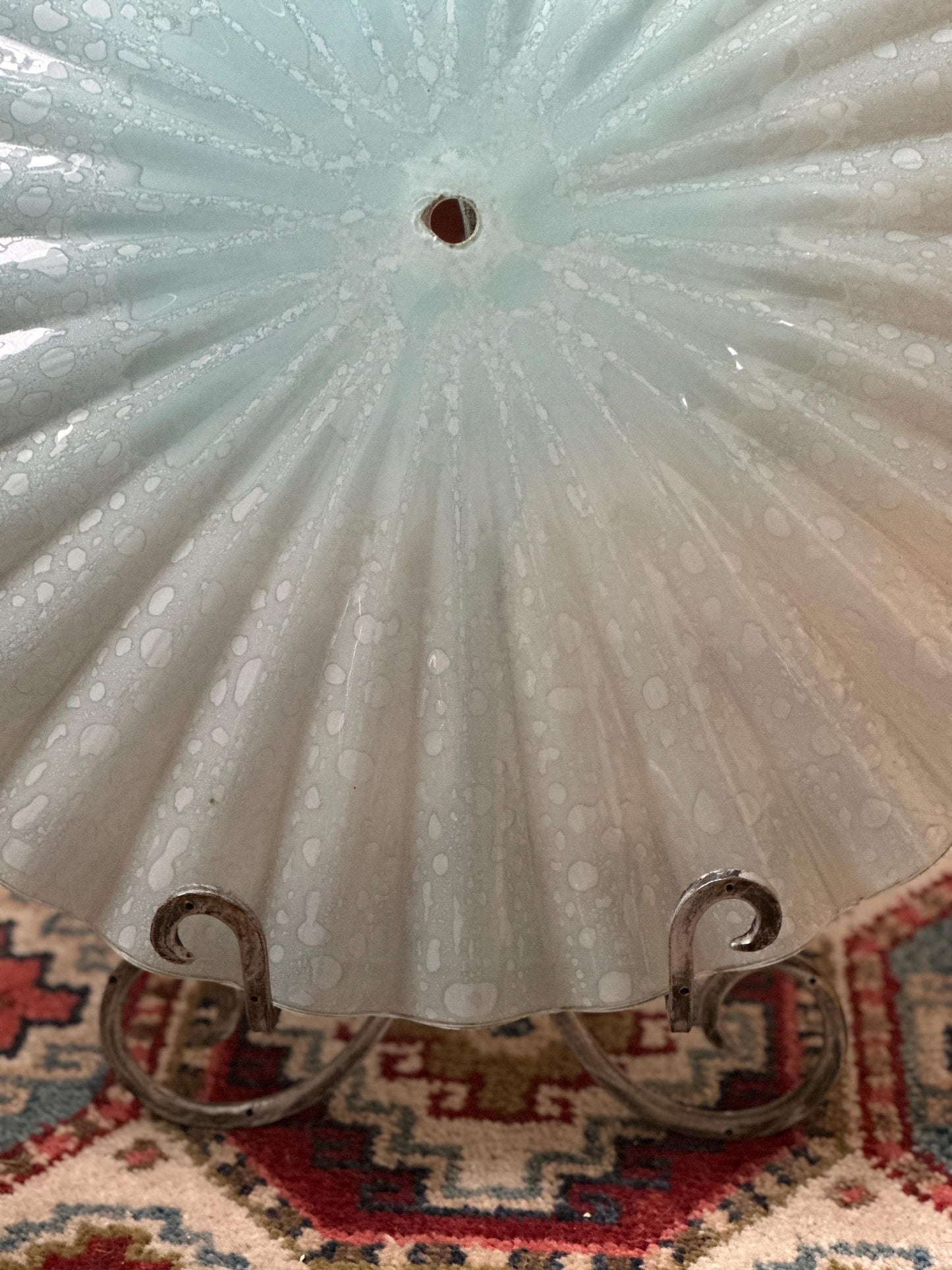 Vintage MCM Murano Style Scalloped Glass Lamp Shade | White w Hints of Blue Opalescent Art Glass | 20”