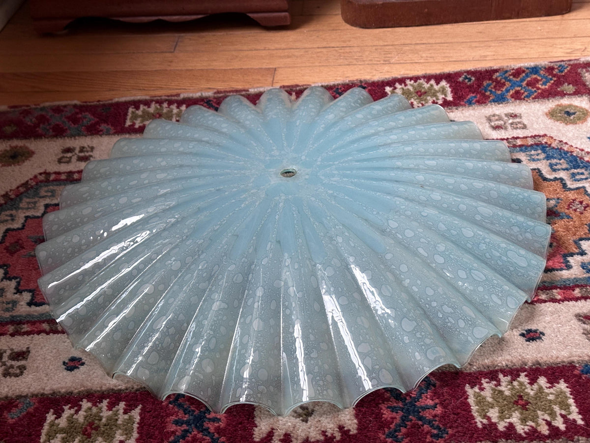 Vintage MCM Murano Style Scalloped Glass Lamp Shade | White w Hints of Blue Opalescent Art Glass | 20”