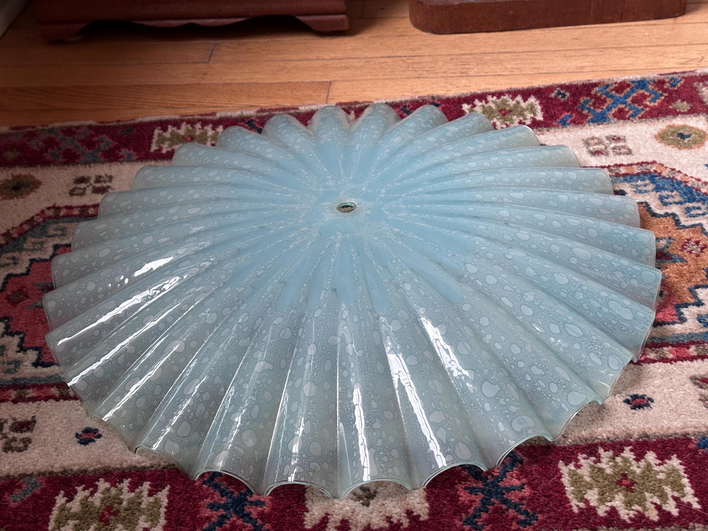 Vintage MCM Murano Style Scalloped Glass Lamp Shade | White w Hints of Blue Opalescent Art Glass | 20”