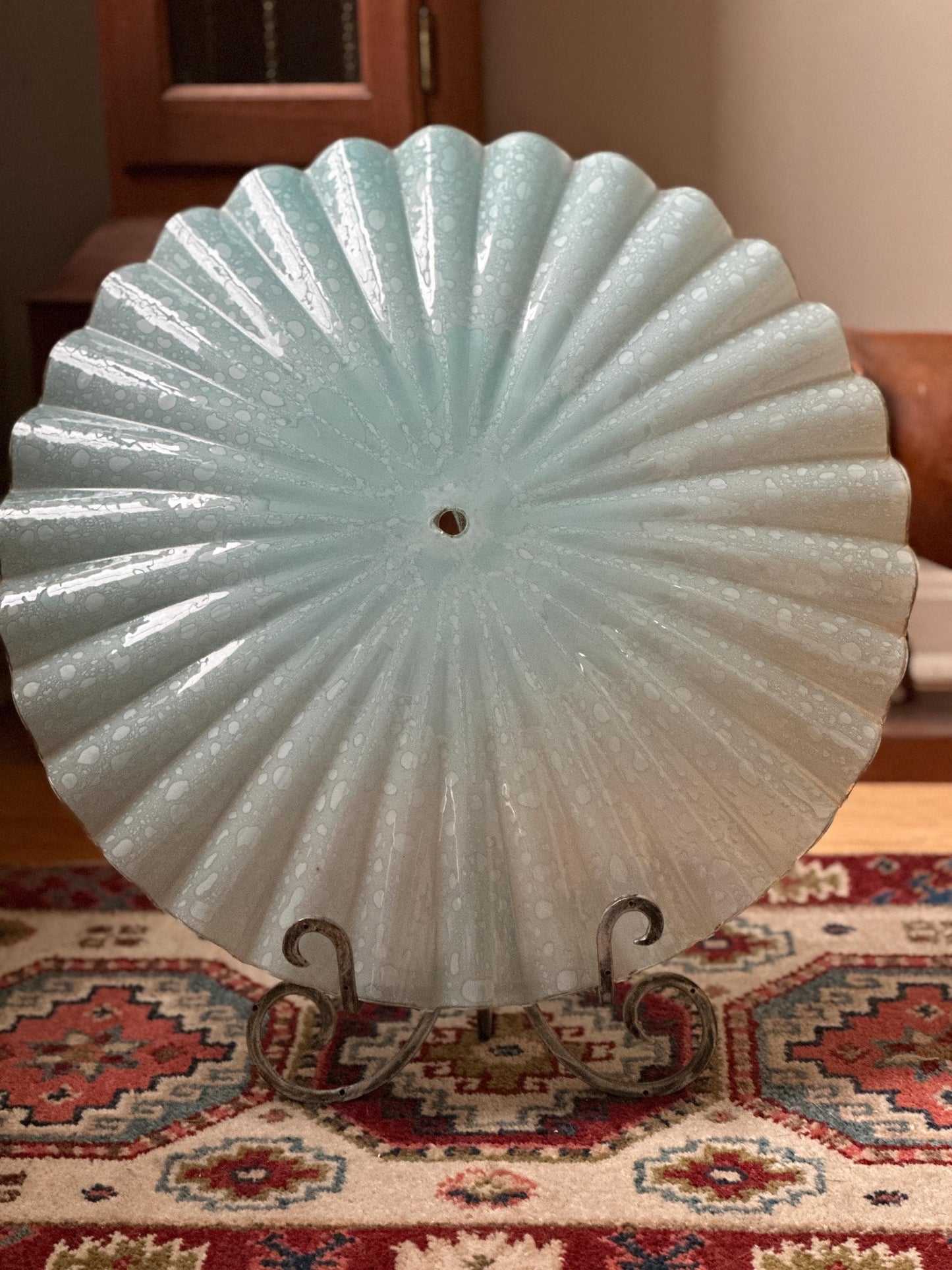 Vintage MCM Murano Style Scalloped Glass Lamp Shade | White w Hints of Blue Opalescent Art Glass | 20”