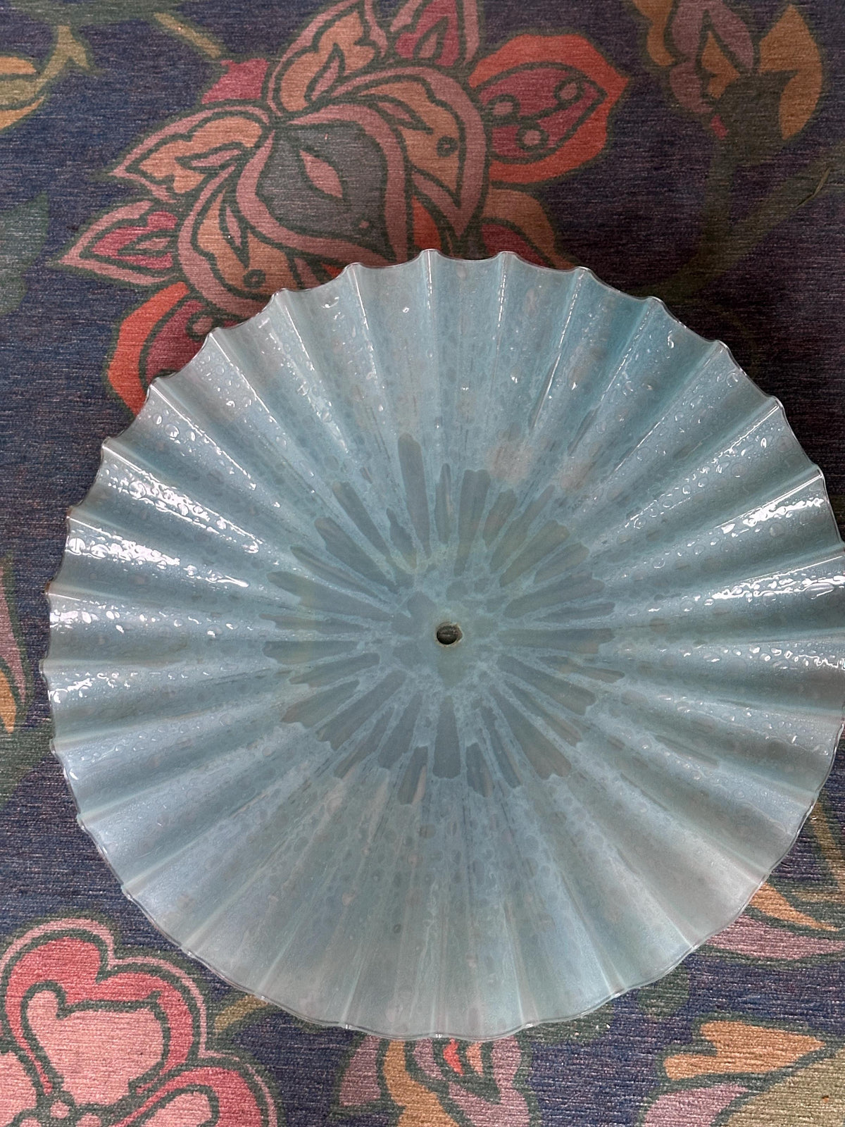 Vintage MCM Murano Style Scalloped Glass Lamp Shade | White w Hints of Blue Opalescent Art Glass | 20”