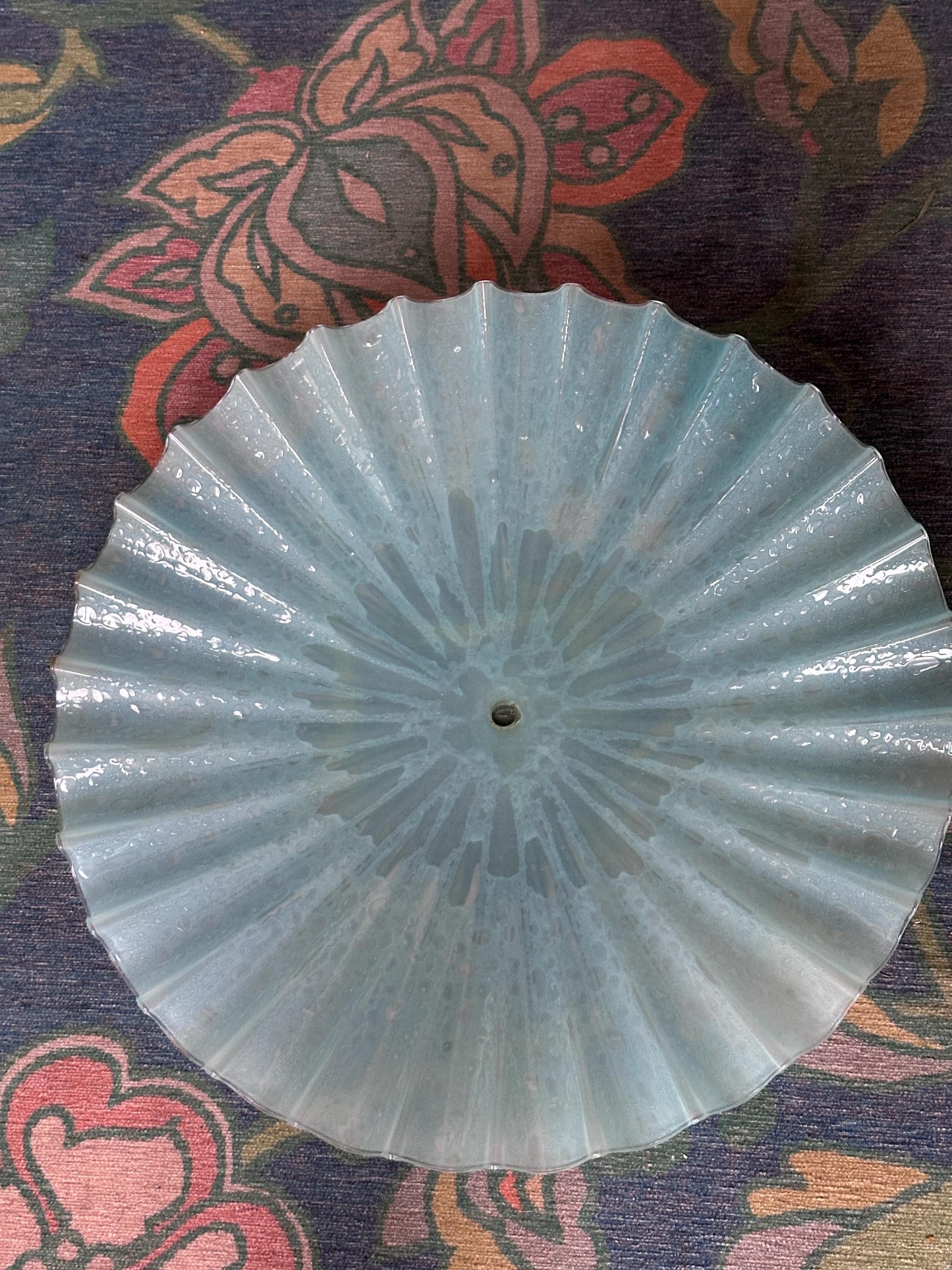 Vintage MCM Murano Style Scalloped Glass Lamp Shade | White w Hints of Blue Opalescent Art Glass | 20”