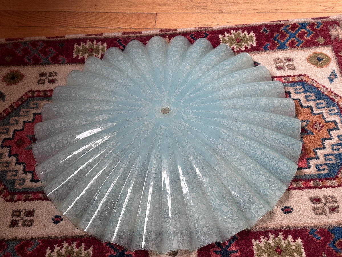 Vintage MCM Murano Style Scalloped Glass Lamp Shade | White w Hints of Blue Opalescent Art Glass | 20”
