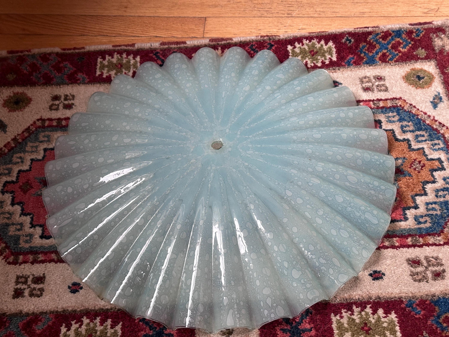 Vintage MCM Murano Style Scalloped Glass Lamp Shade | White w Hints of Blue Opalescent Art Glass | 20”