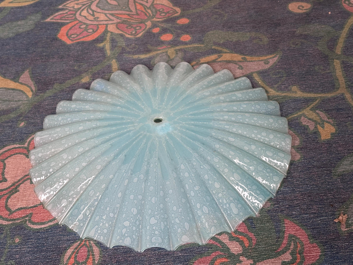 Vintage MCM Murano Style Scalloped Glass Lamp Shade | White w Hints of Blue Opalescent Art Glass | 20”
