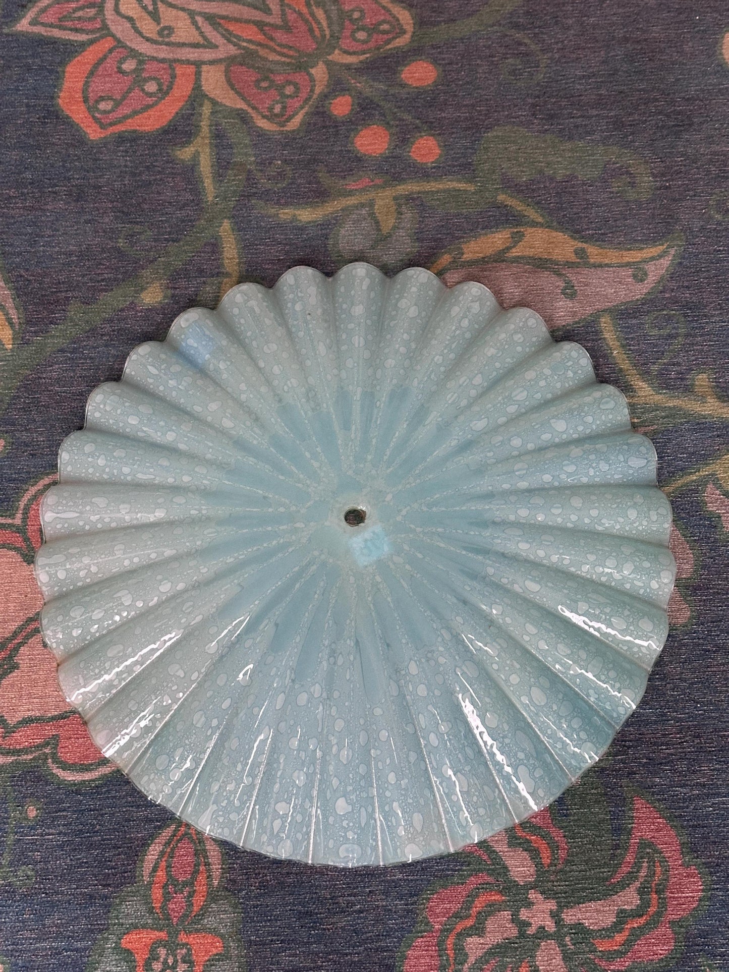 Vintage MCM Murano Style Scalloped Glass Lamp Shade | White w Hints of Blue Opalescent Art Glass | 20”
