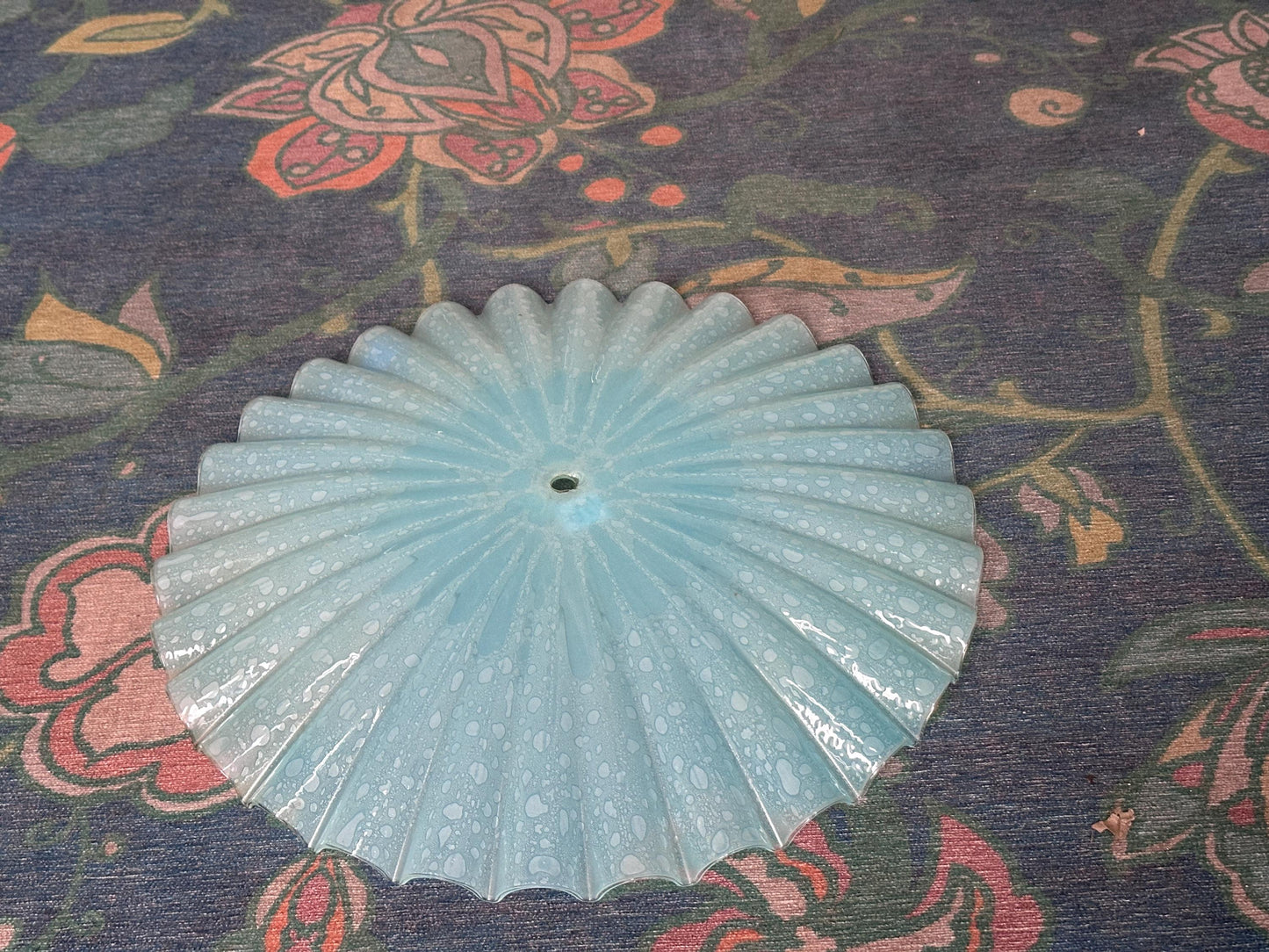 Vintage MCM Murano Style Scalloped Glass Lamp Shade | White w Hints of Blue Opalescent Art Glass | 20”
