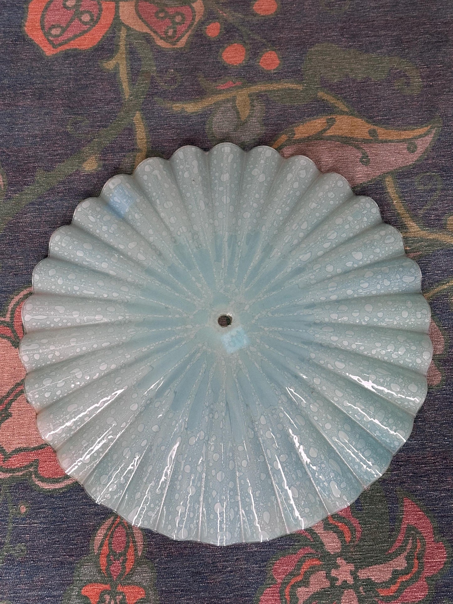 Vintage MCM Murano Style Scalloped Glass Lamp Shade | White w Hints of Blue Opalescent Art Glass | 20”
