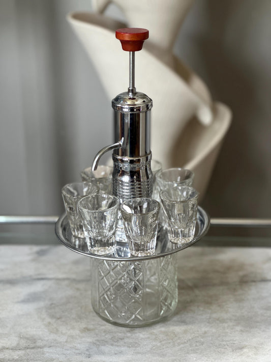 Vintage MCM Park Sherman Style Shot Dispenser Pump Decanter with 7 Glasses Mid Century Barware Set, Bakelite Knob, Chrome Accents