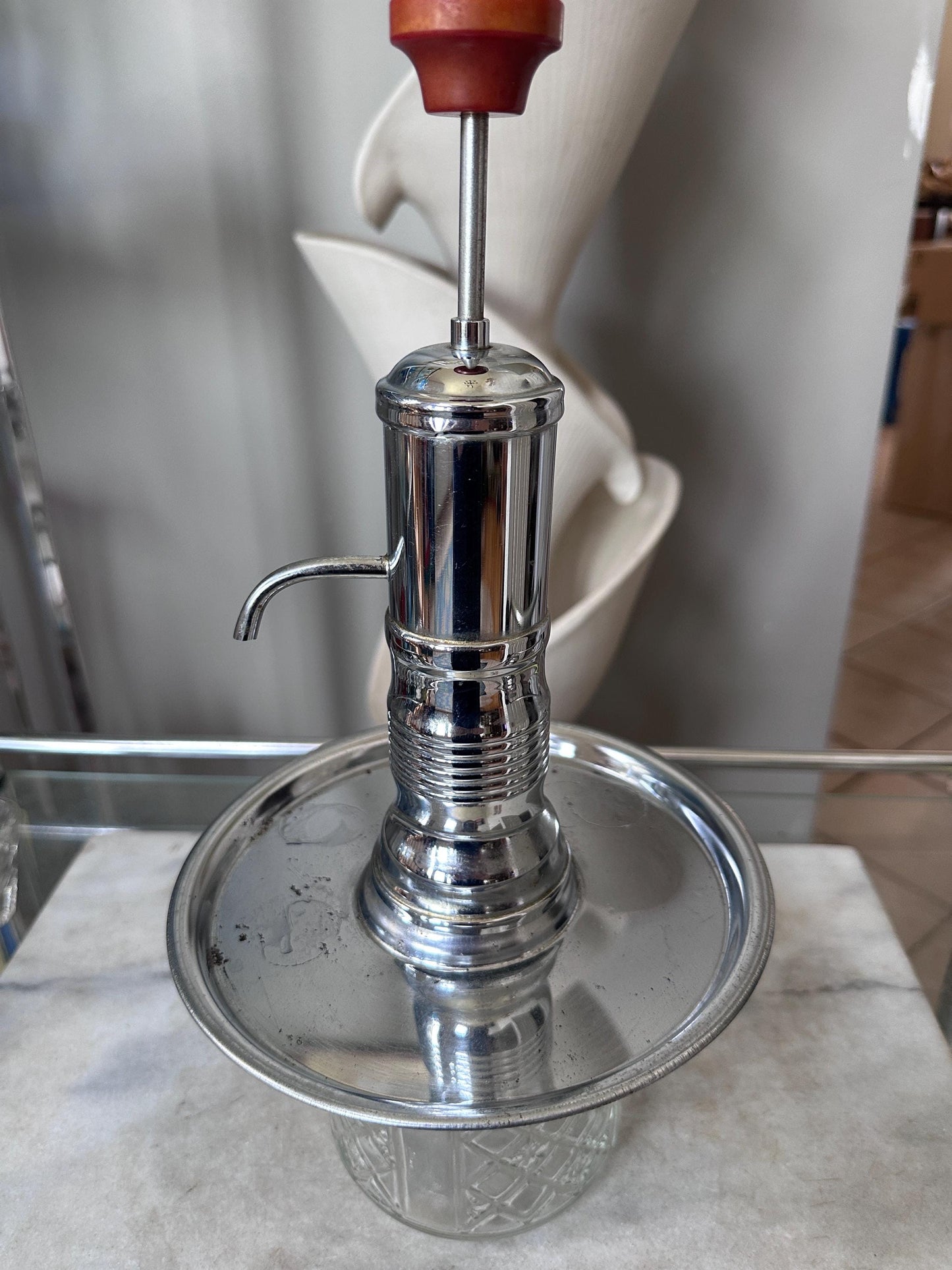 Vintage MCM Park Sherman Style Shot Dispenser Pump Decanter with 7 Glasses Mid Century Barware Set, Bakelite Knob, Chrome Accents