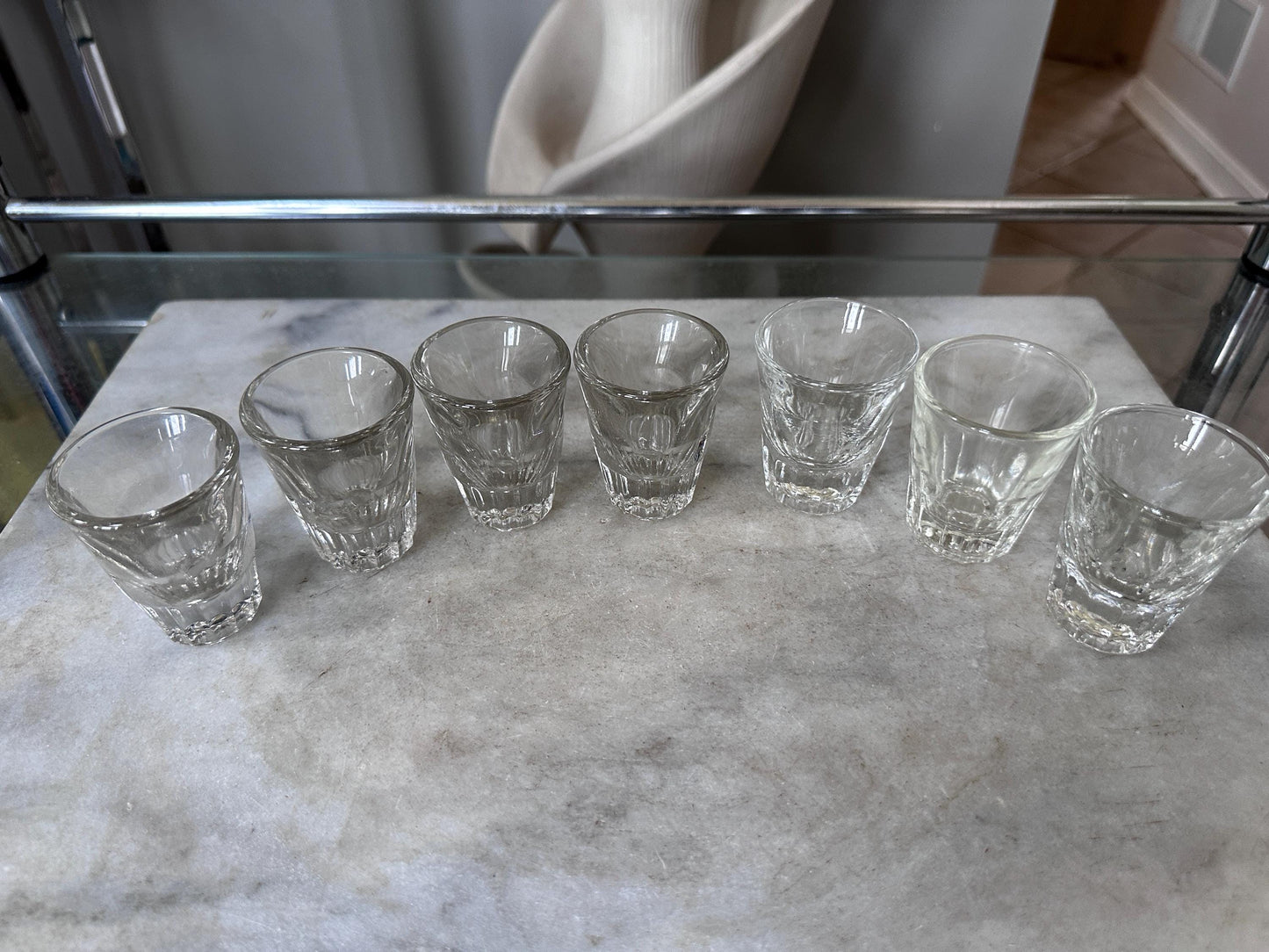 Vintage MCM Park Sherman Style Shot Dispenser Pump Decanter with 7 Glasses Mid Century Barware Set, Bakelite Knob, Chrome Accents