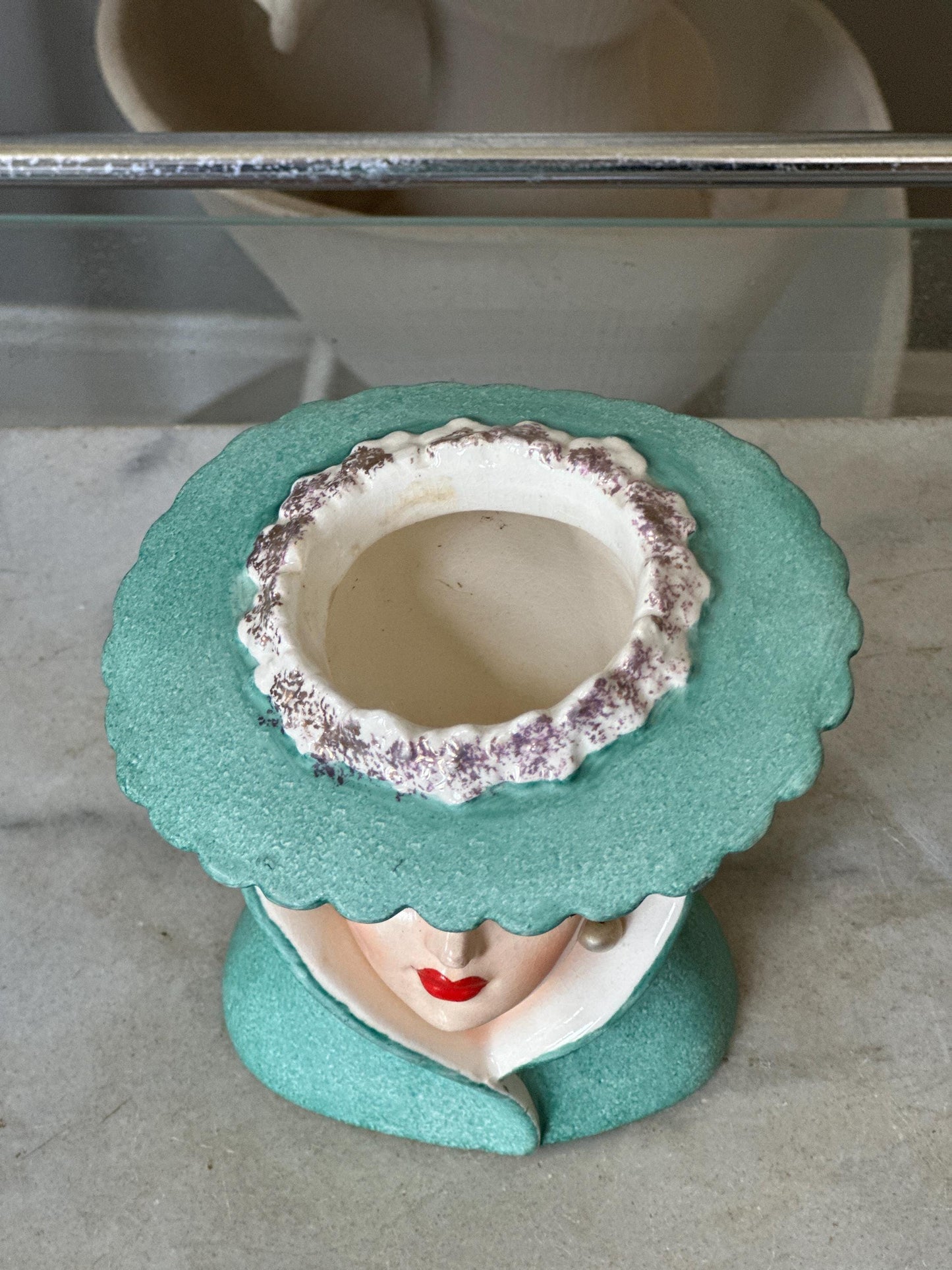 Vintage Napco C3815C Head Vase – 1950s Lady Head Vase with Nylon Brush-Style Lashes, Earrings & Gold Gilt Accents