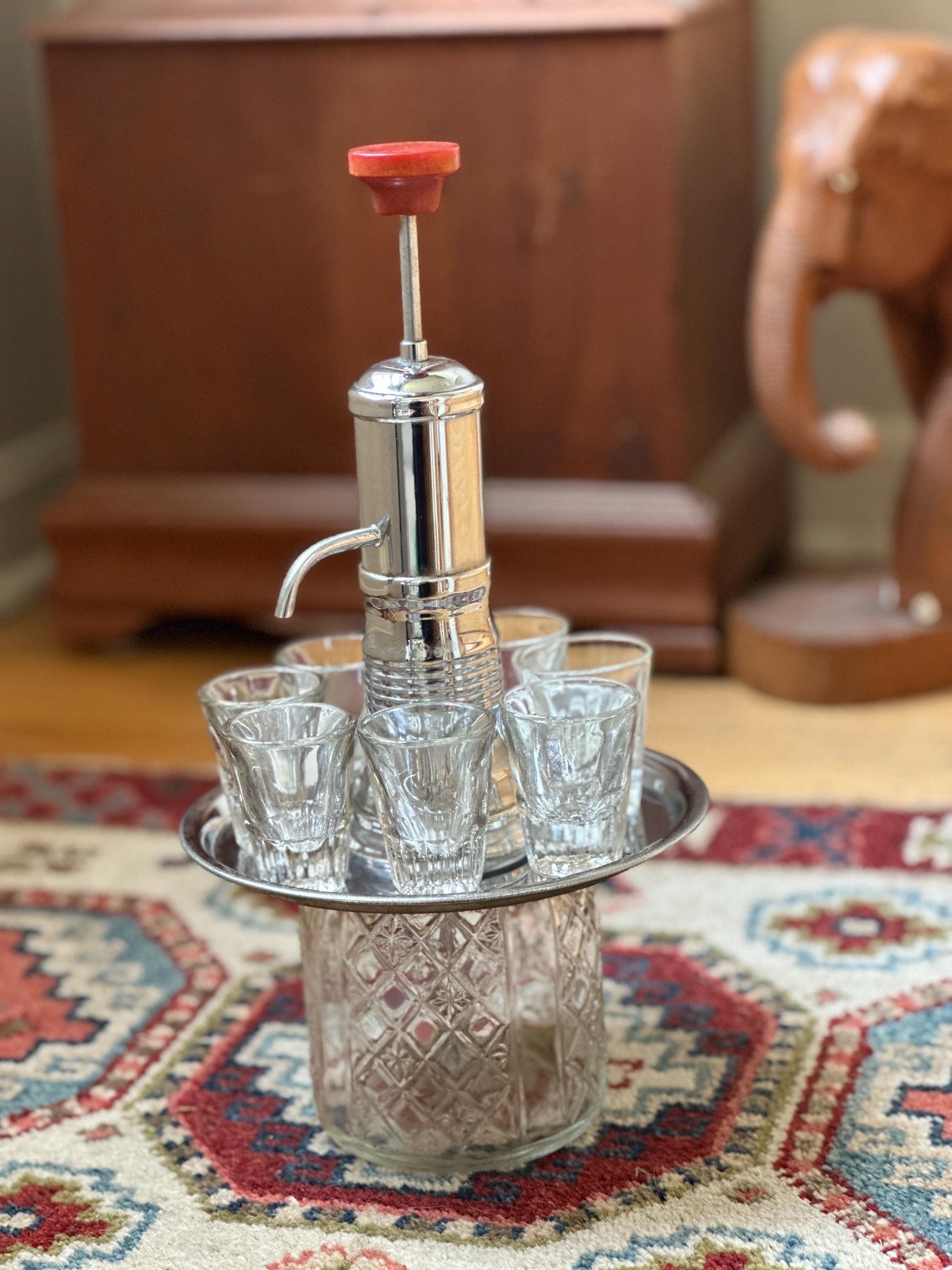 Vintage MCM Park Sherman Style Shot Dispenser Pump Decanter with 7 Glasses Mid Century Barware Set, Bakelite Knob, Chrome Accents