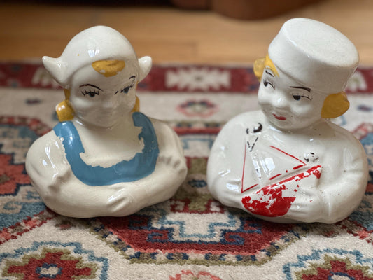 Set of 2 Vintage American Bisque Dutch Boy & Dutch Girl Cookie Jar Lids 1940s Replacement Parts Dutch Figurine Tops