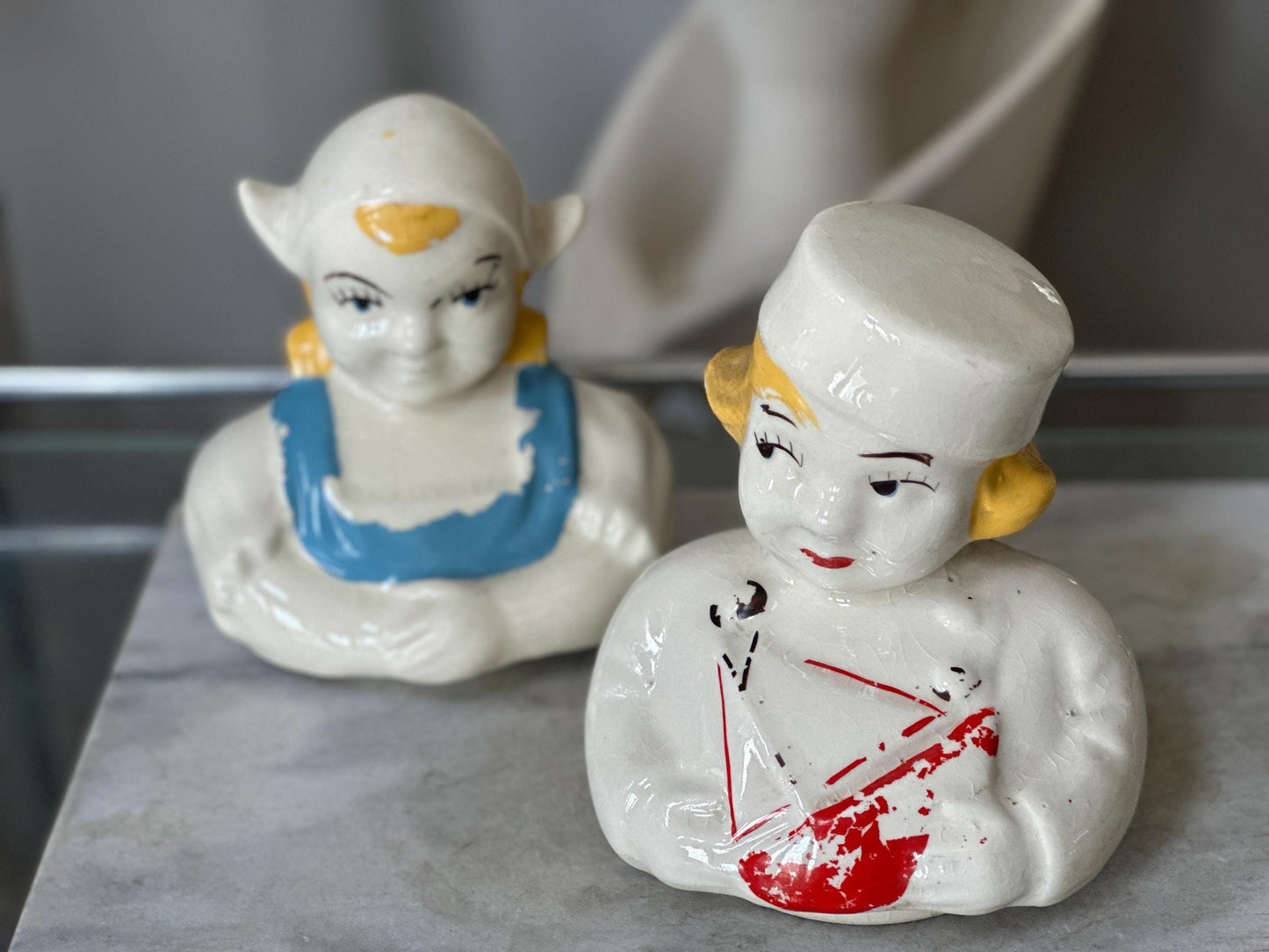 Set of 2 Vintage American Bisque Dutch Boy & Dutch Girl Cookie Jar Lids 1940s Replacement Parts Dutch Figurine Tops