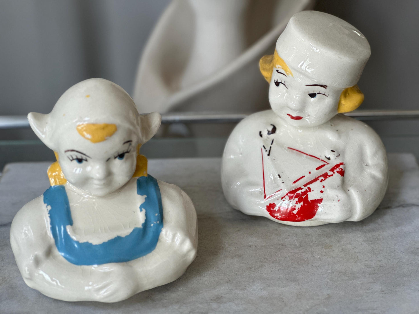 Set of 2 Vintage American Bisque Dutch Boy & Dutch Girl Cookie Jar Lids 1940s Replacement Parts Dutch Figurine Tops