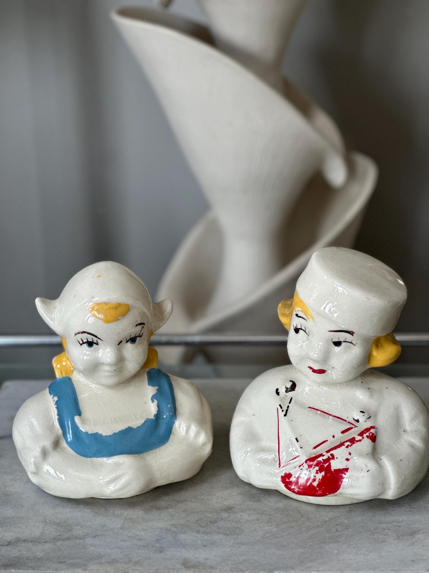 Set of 2 Vintage American Bisque Dutch Boy & Dutch Girl Cookie Jar Lids 1940s Replacement Parts Dutch Figurine Tops