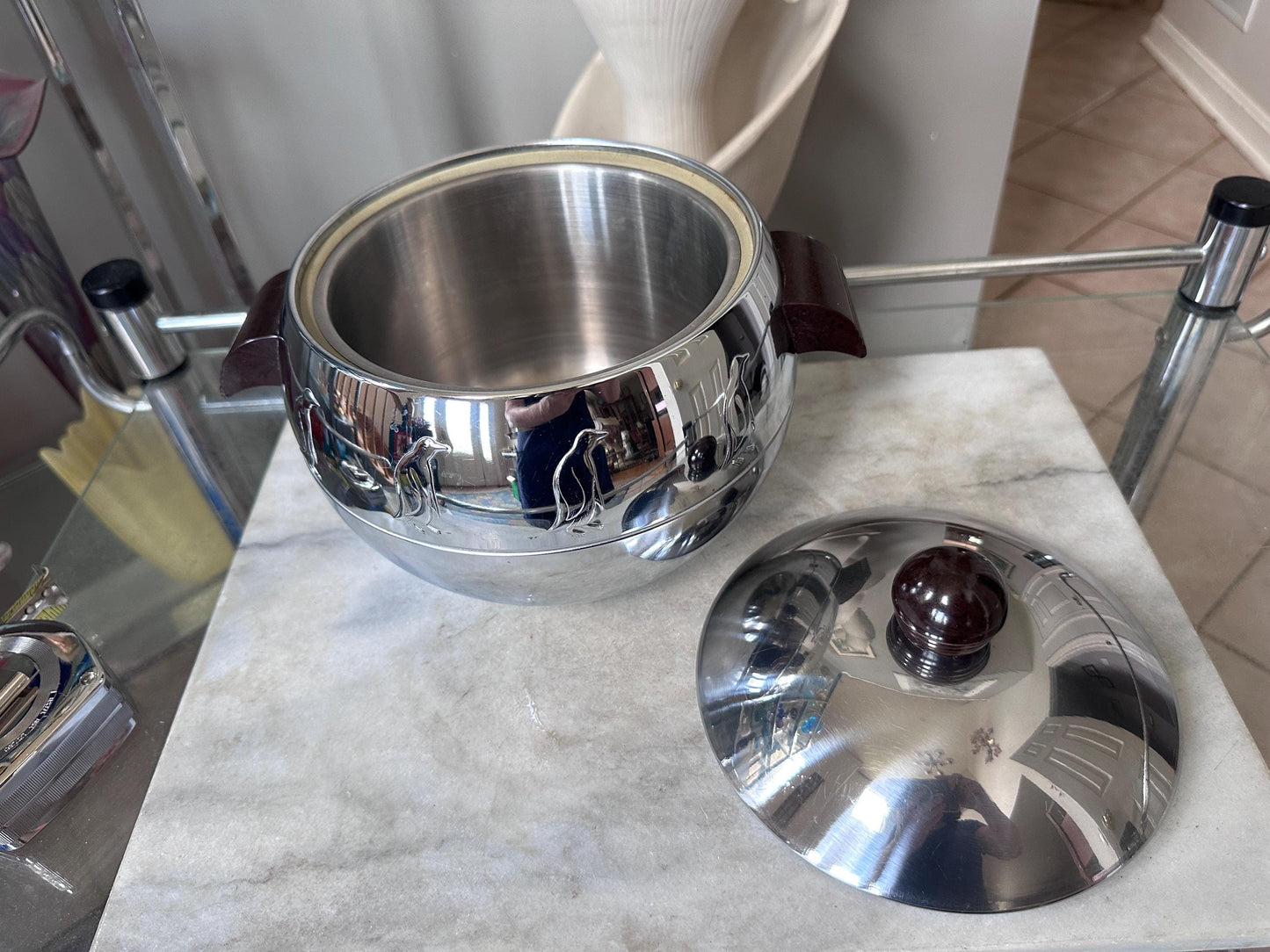 1950s West Bend Chrome Penguin Ice Bucket, Hot &  Cold Server, Mid Century Barware, Made in USA, Bakelite Knob and Handles, MCM Decor