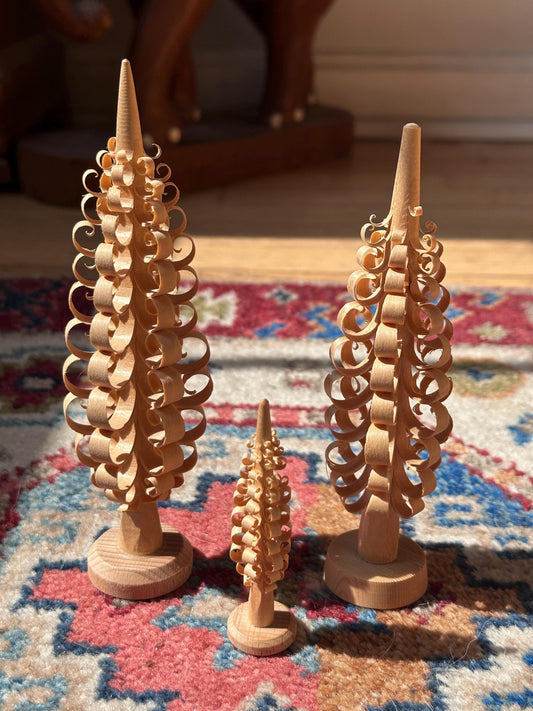 Vintage Erzgebirge Wood Shaved Trees Set of 3, German Christmas Decor, Natural Wood Feather Trees, Mid Century Holiday Decor
