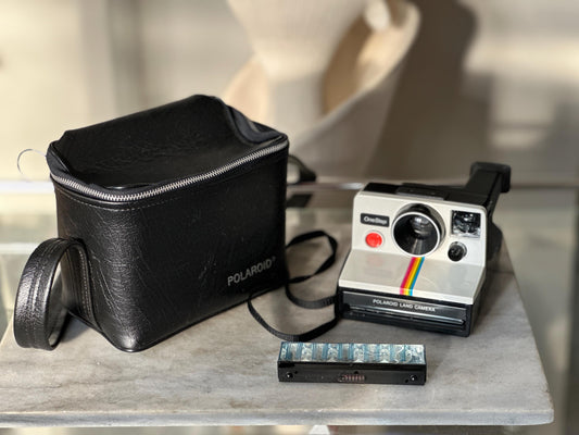 Vintage Polaroid SX-70 OneStep White Rainbow Stripe Land Camera with Carrying Bag, Untested, 1970s
