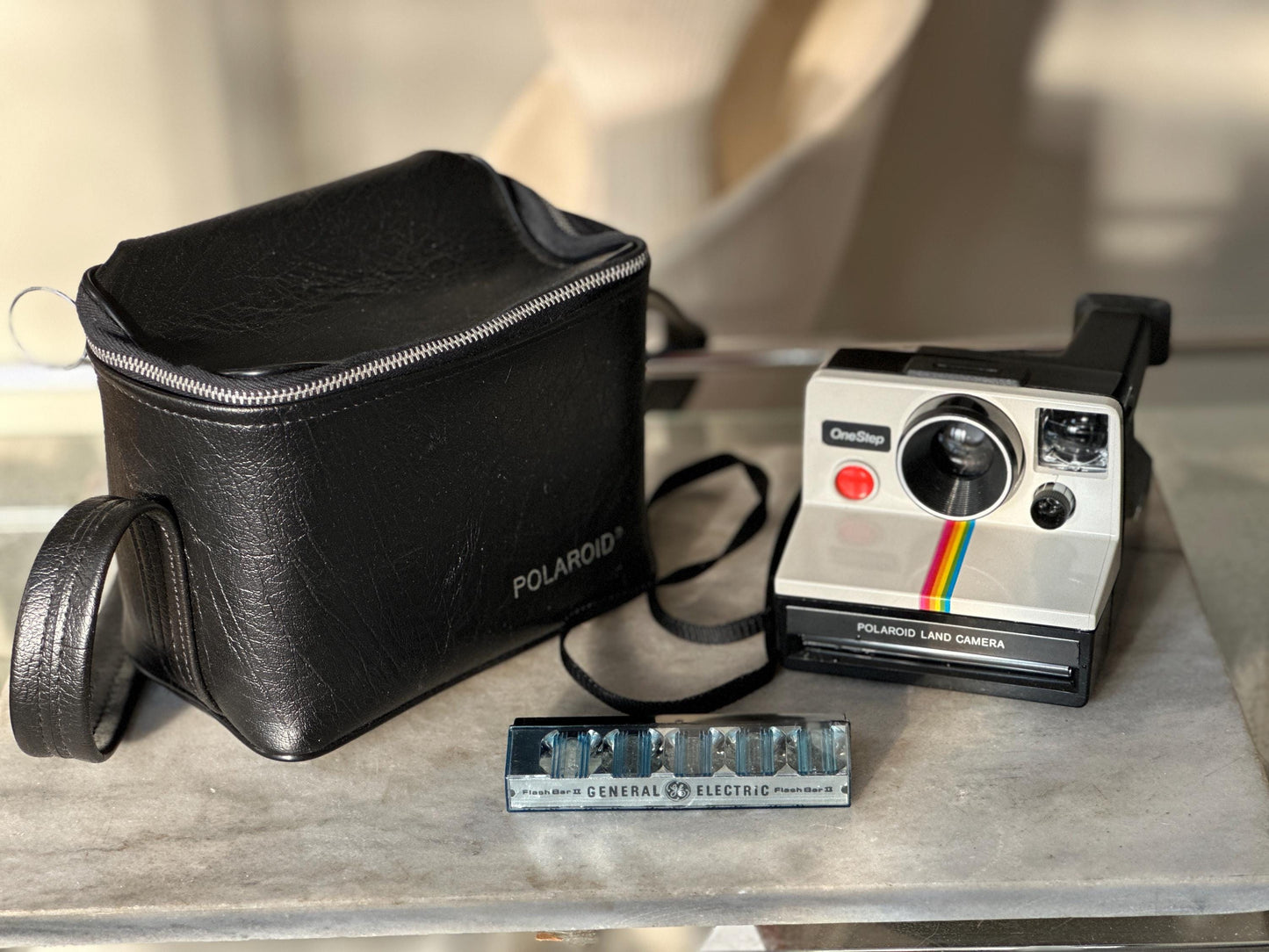 Vintage Polaroid SX-70 OneStep White Rainbow Stripe Land Camera with Carrying Bag, Untested, 1970s