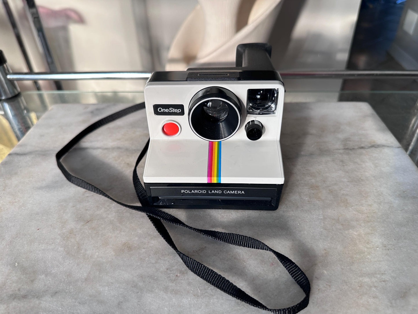 Vintage Polaroid SX-70 OneStep White Rainbow Stripe Land Camera with Carrying Bag, Untested, 1970s