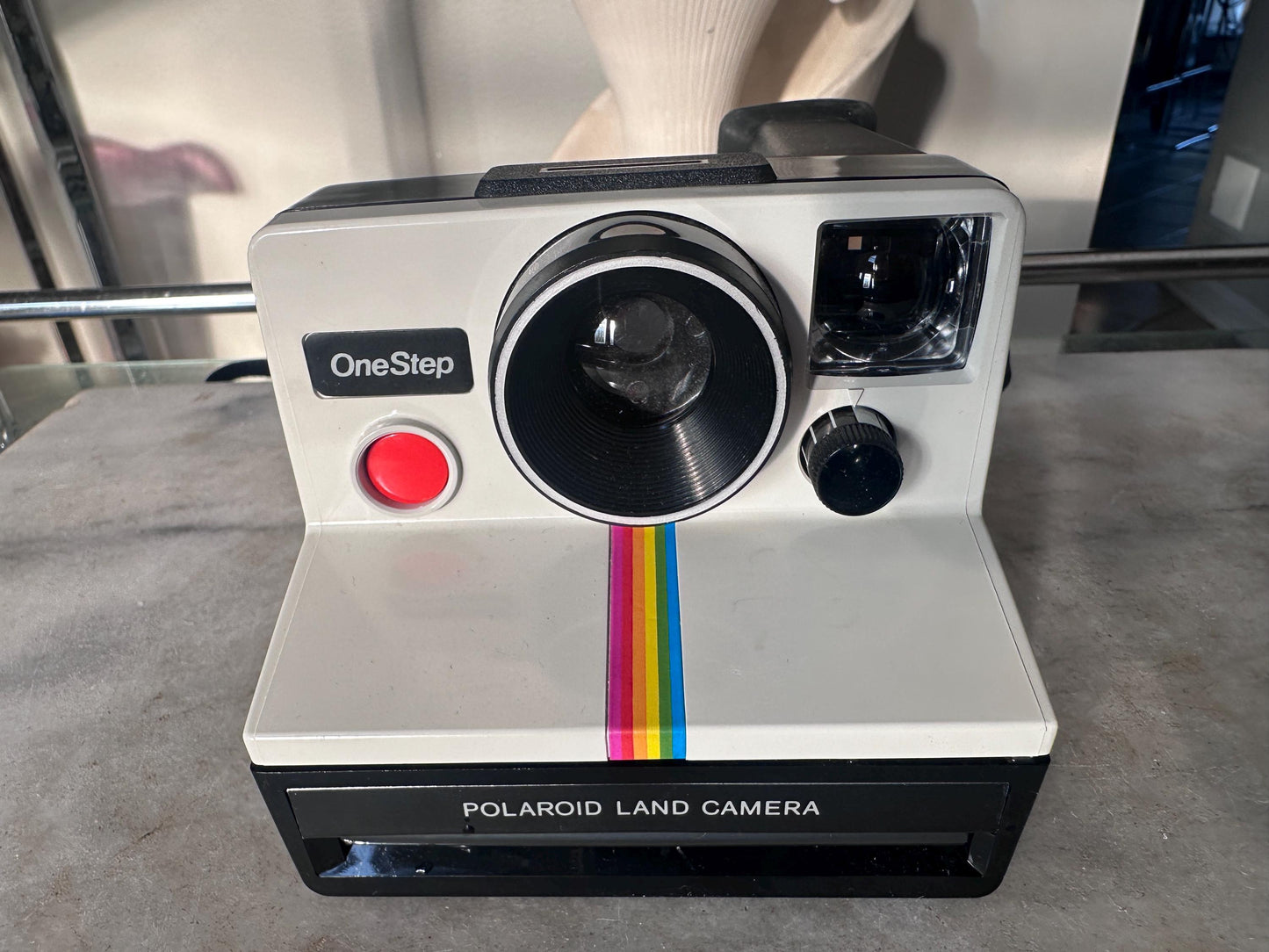 Vintage Polaroid SX-70 OneStep White Rainbow Stripe Land Camera with Carrying Bag, Untested, 1970s