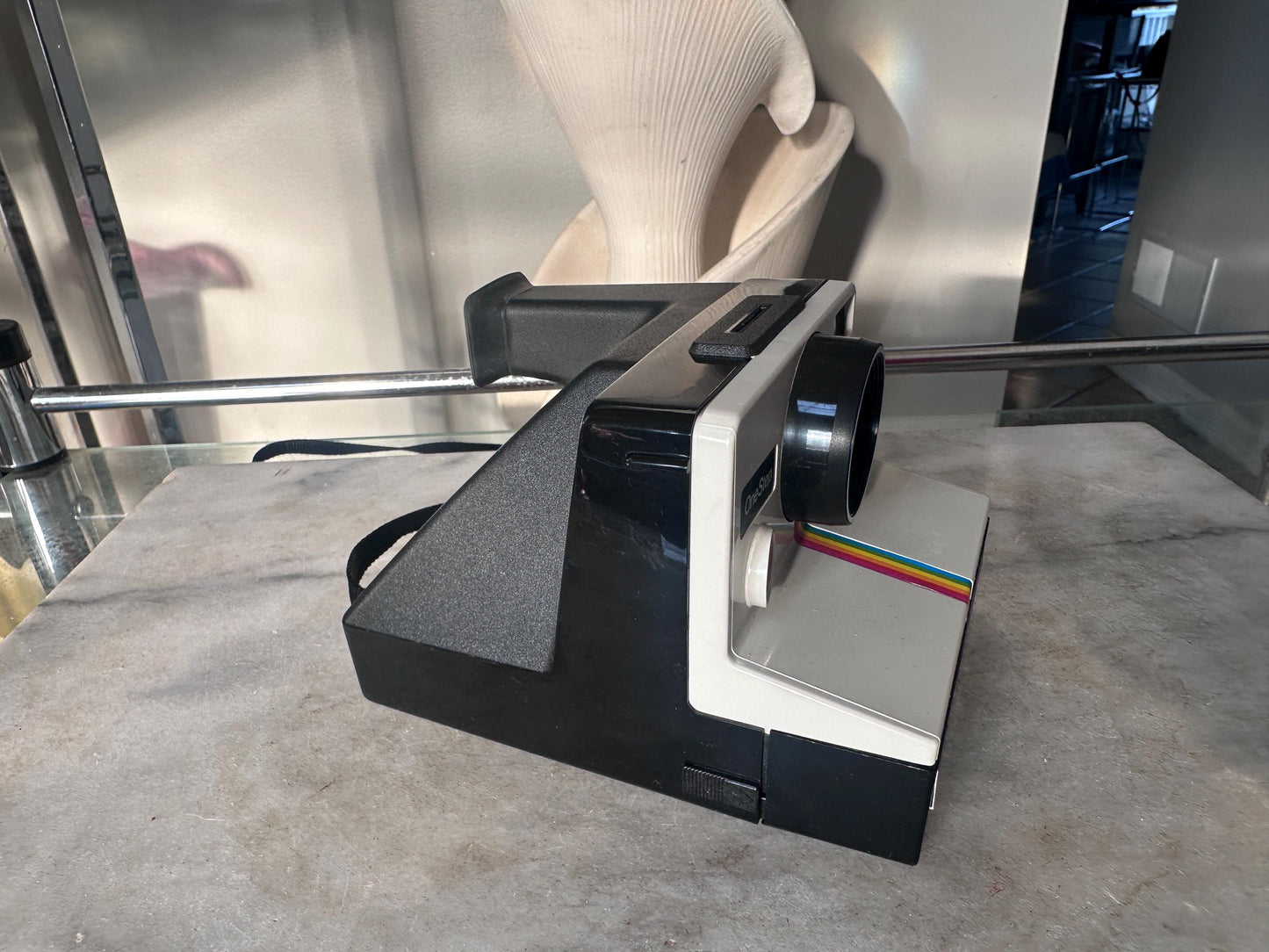 Vintage Polaroid SX-70 OneStep White Rainbow Stripe Land Camera with Carrying Bag, Untested, 1970s