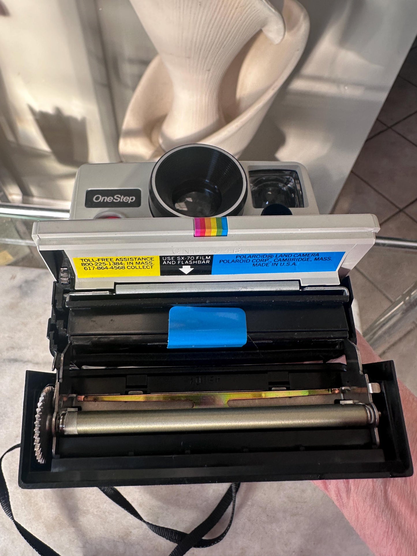 Vintage Polaroid SX-70 OneStep White Rainbow Stripe Land Camera with Carrying Bag, Untested, 1970s