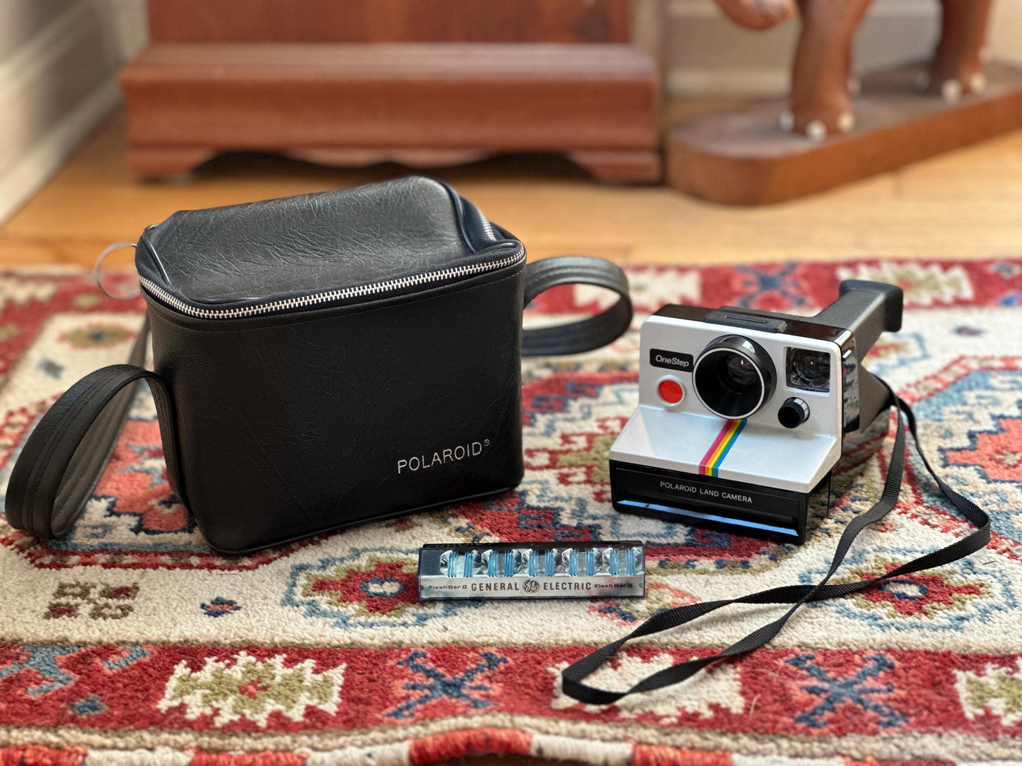 Vintage Polaroid SX-70 OneStep White Rainbow Stripe Land Camera with Carrying Bag, Untested, 1970s