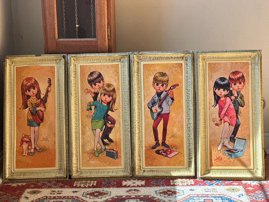 Vintage Lee Big Eye Prints, Set of 4 Plastic Molded Groovy Dancing Kids, 1960s Mod Wall Art, Retro Decor MCM Decor, Please Read Description